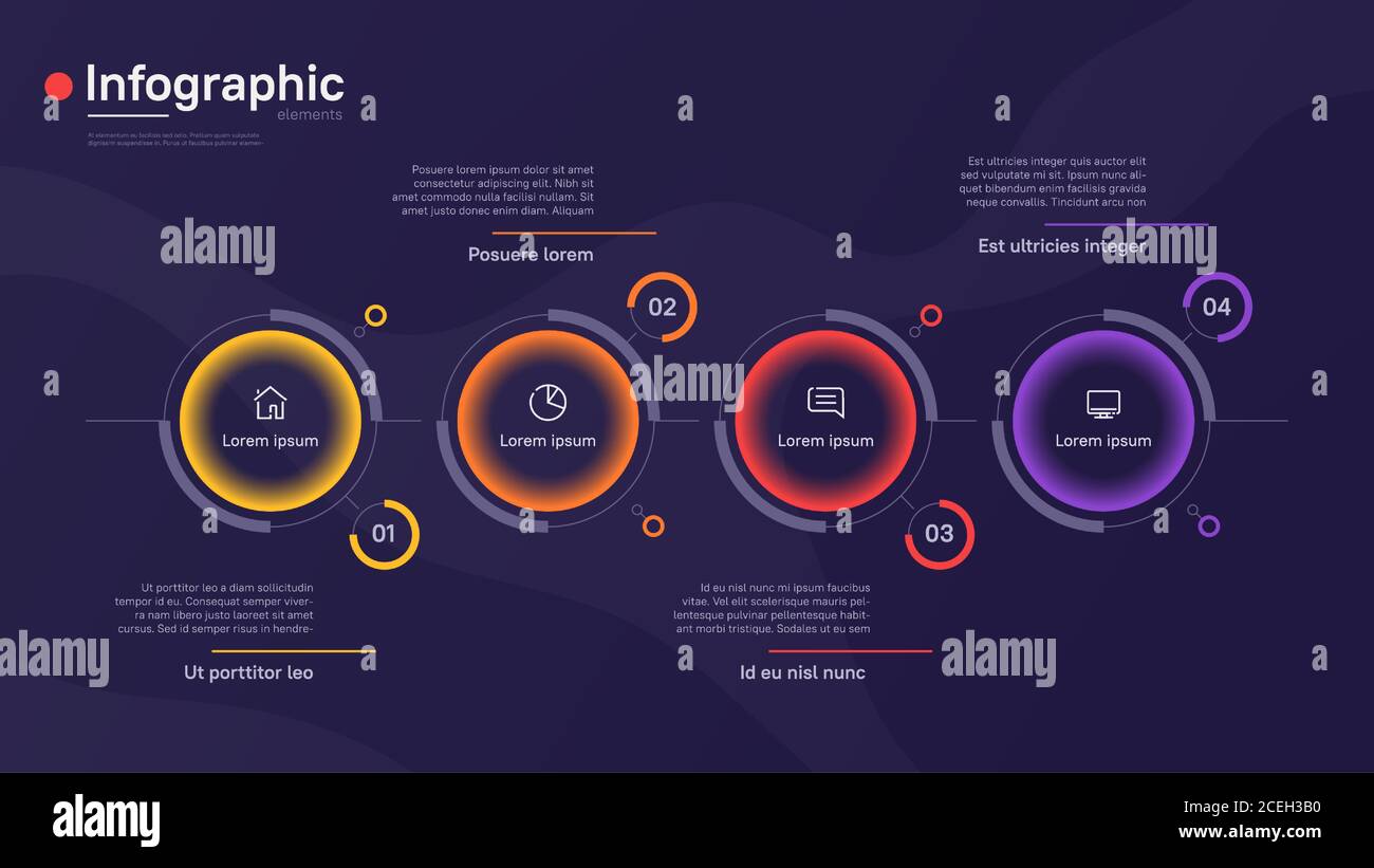Vector infographic template with round graphic elements on a deep blue background. Four options Stock Vector