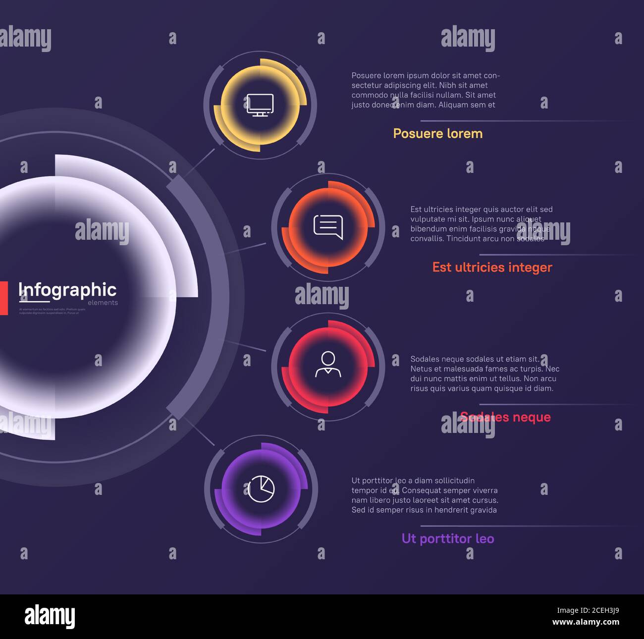 Vector infographic round chart template on a deep blue background. Four ...
