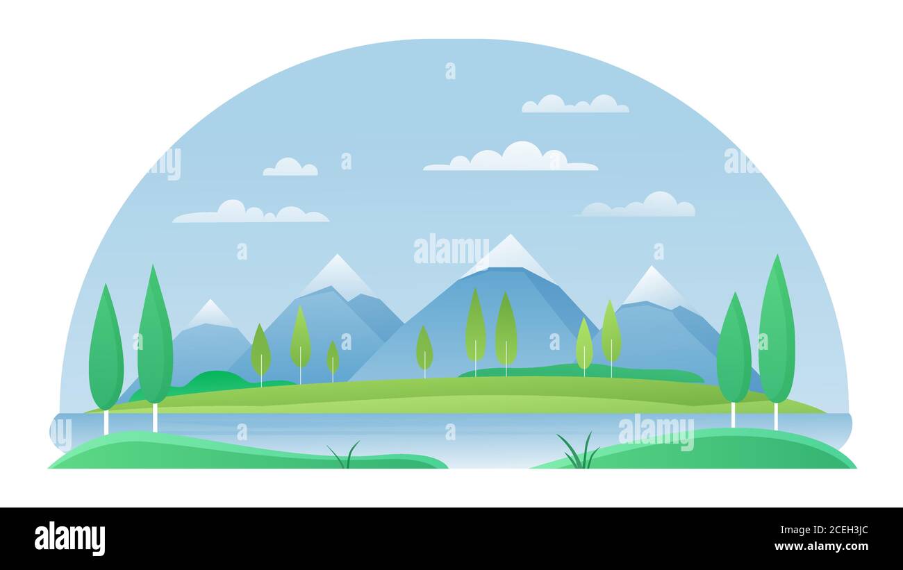 Mountain and river summer landscape vector illustration. Cartoon flat mountainous peaceful summertime scenery with scenic green grass riverbank, mountain snowy peaks on horizon isolated on white Stock Vector
