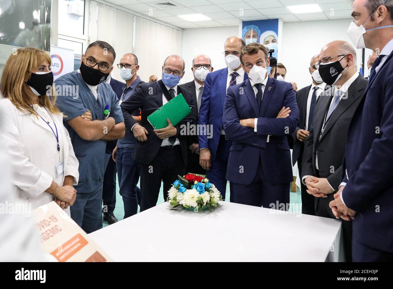 French President Emmanuel Macron visits Rafik Hariri University Hospital in Beirut, Lebanon September 1, 2020. Stephane Lemouton/Pool via REUTERS Stock Photo