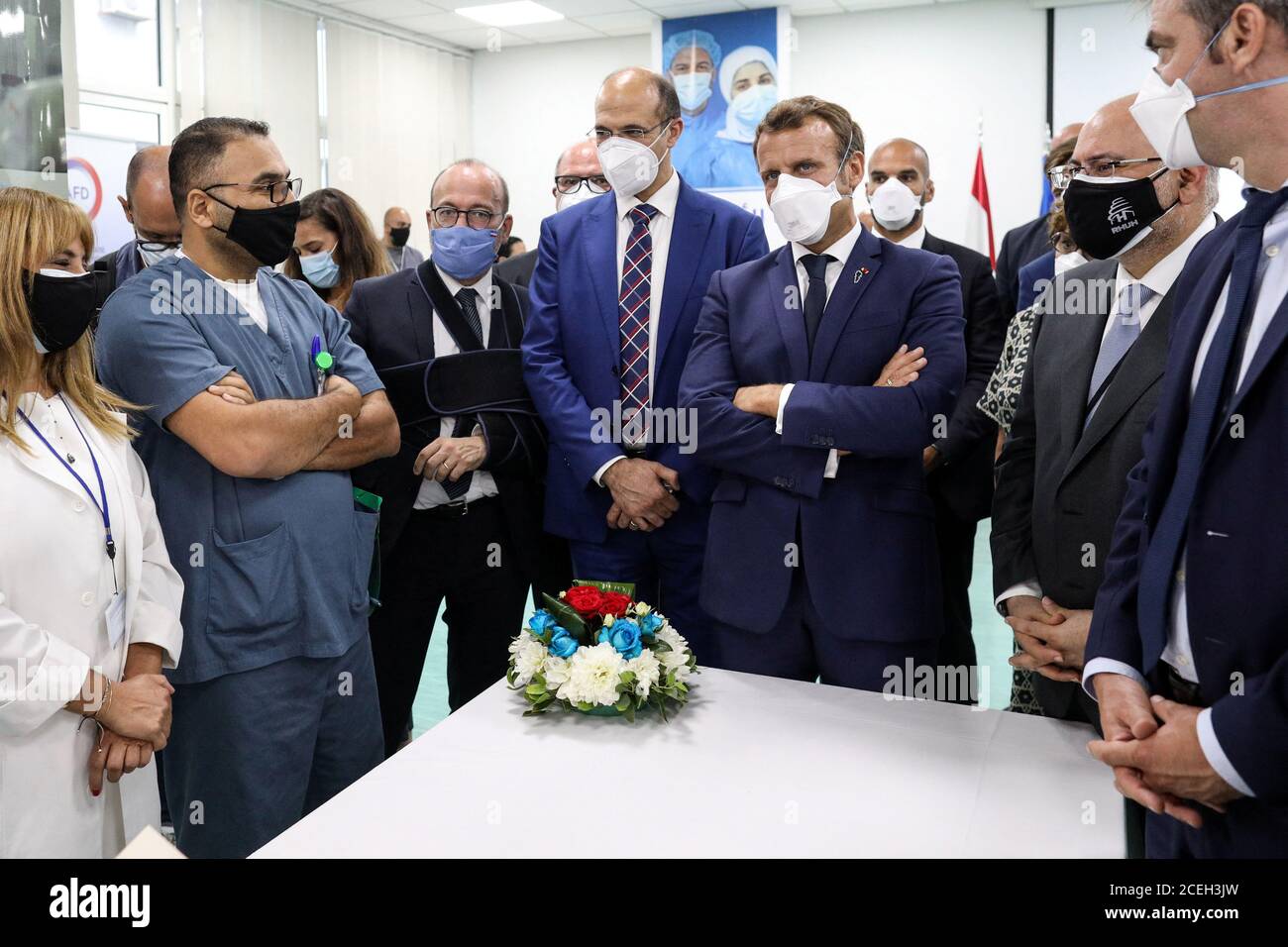 French President Emmanuel Macron visits Rafik Hariri University Hospital in Beirut, Lebanon September 1, 2020. Stephane Lemouton/Pool via REUTERS Stock Photo