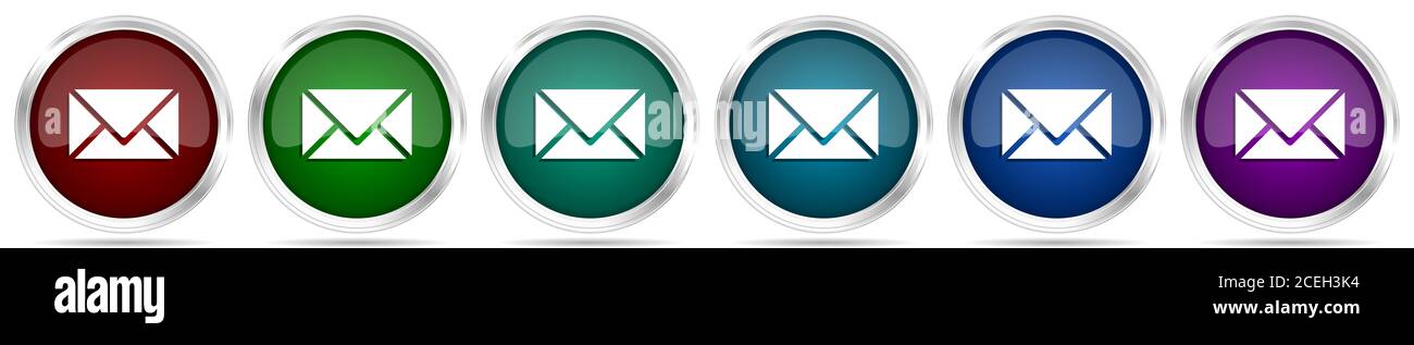 Email, envelope icons, set of silver metallic glossy web buttons in 6 ...