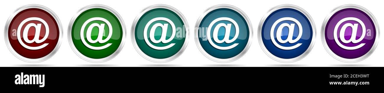 Email icons, set of silver metallic glossy web buttons in 6 color ...