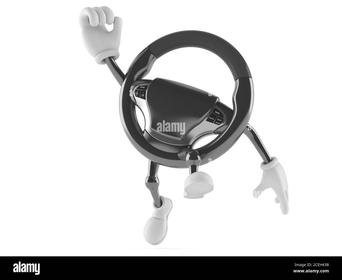 Car steering wheel character jumping in joy isolated on white