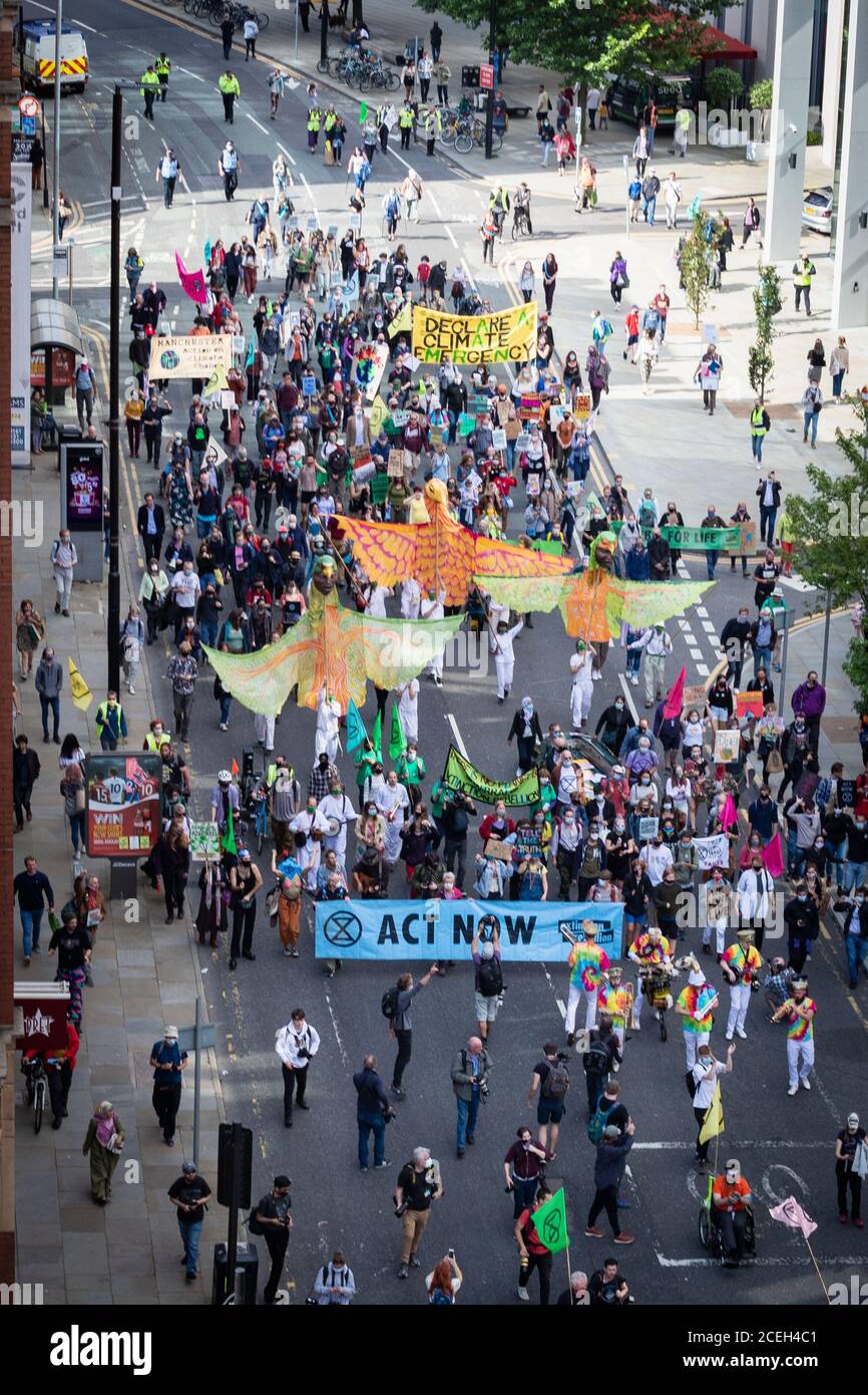Manchester, UK. 01st Sep, 2020. Extinction Rebellion march through the city, causing traffic to stop during rush-hour. The Northern Rebellion, which is part of the Extinction Rebellion movement, take to the Streets for two weeks of action under the banner of ÔWe Want To LiveÕ. Credit: Andy Barton/Alamy Live News Stock Photo