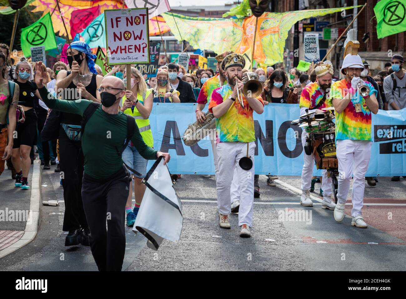 Manchester, UK. 01st Sep, 2020. Extinction Rebellion march through the city, causing traffic to stop during rush-hour. The Northern Rebellion, which is part of the Extinction Rebellion movement, take to the Streets for two weeks of action under the banner of ÔWe Want To LiveÕ. Credit: Andy Barton/Alamy Live News Stock Photo