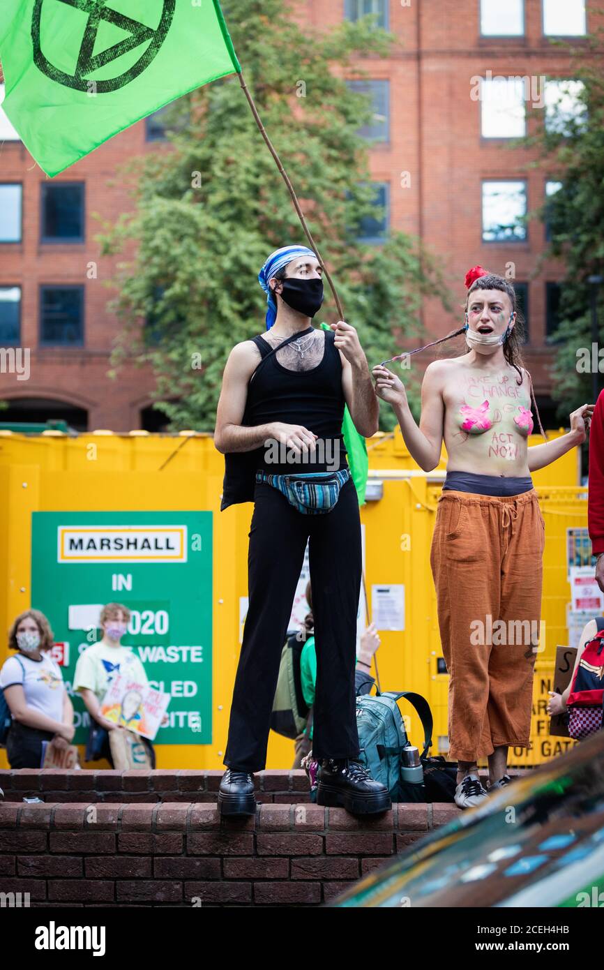 Manchester, UK. 01st Sep, 2020. Rebels stand outside the Daily Mail regional office after it was targeted over articles associated around the migrant crisis on British shores. Extinction The Northern Rebellion, which is part of the Extinction Rebellion movement, take to the Streets for two weeks of action under the banner of ÔWe Want To LiveÕ.Andy Barton/Alamy Live News Credit: Andy Barton/Alamy Live News Stock Photo