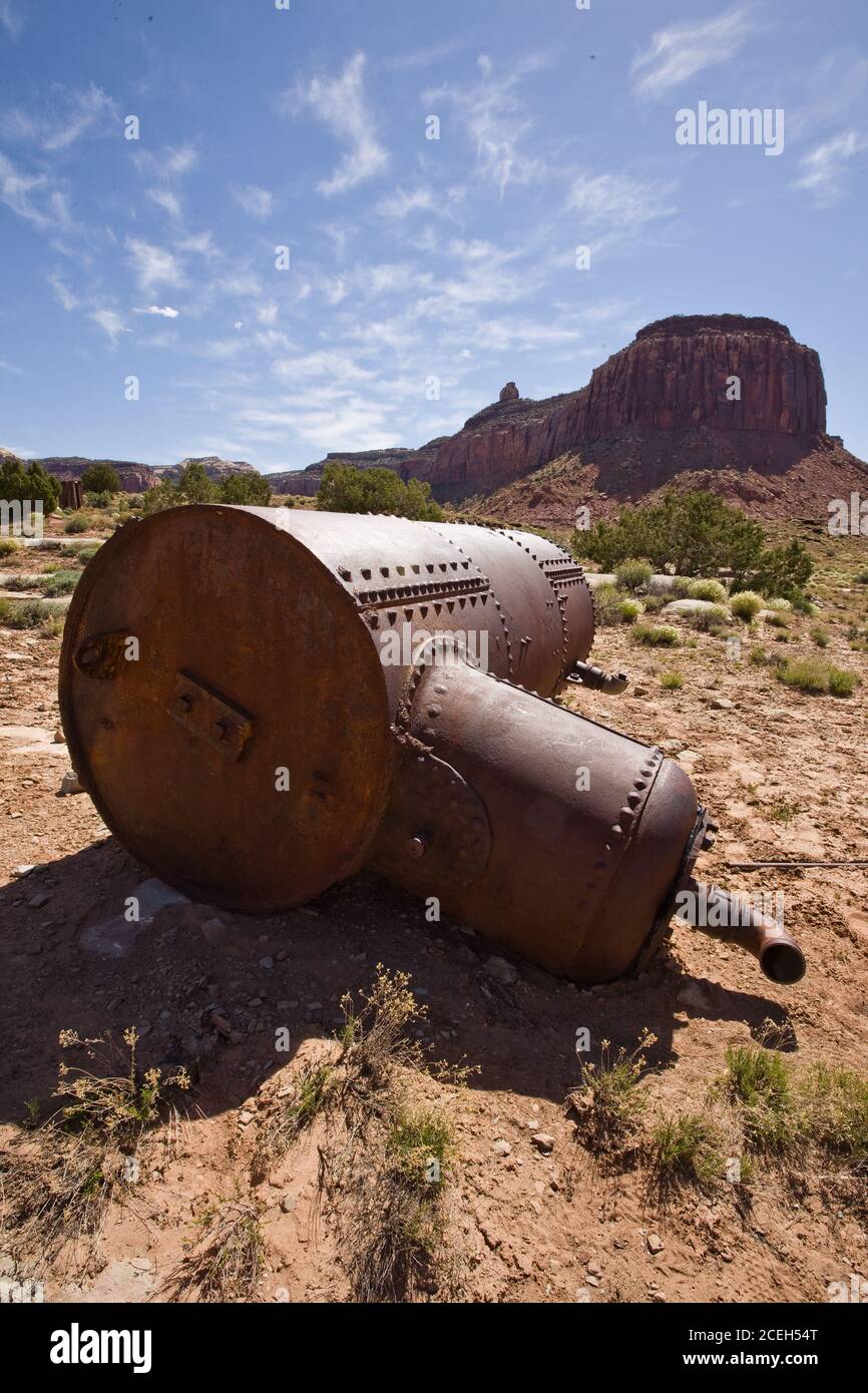 An old steam boiler at the site of an old uranium mine in the canyon country of southeastern Utah. Stock Photo