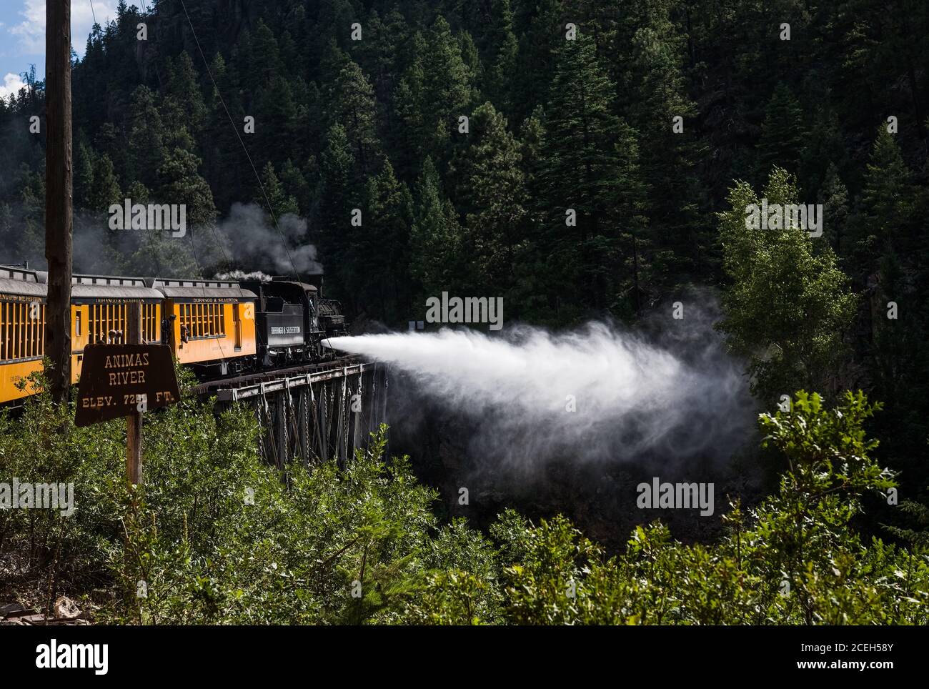 The engineer blows down the steam engine as it crosses the High Bridge across the Animas River.   Durango and Silverton Narrow Gauge Railroad in Color Stock Photo