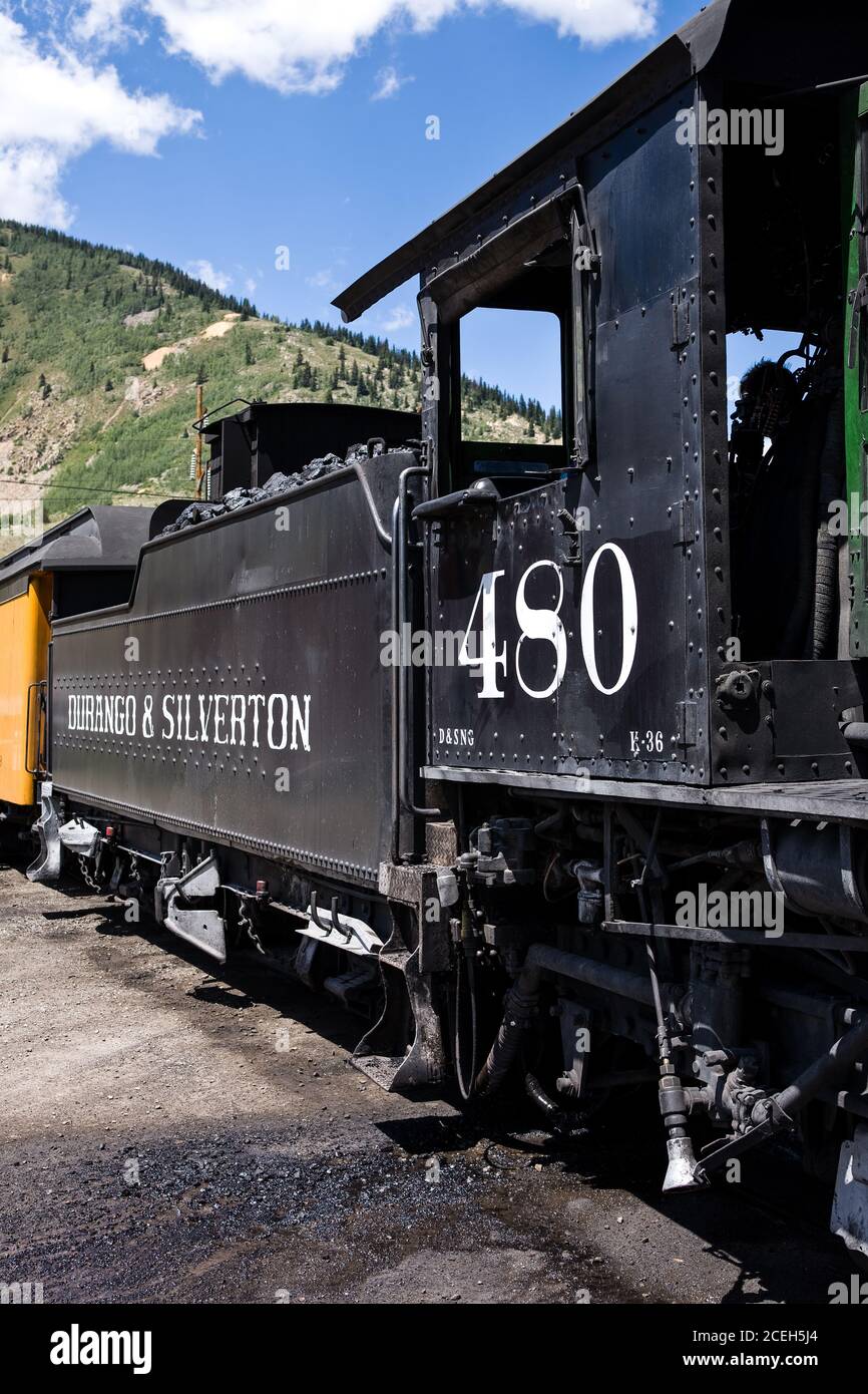 Engine 480 is a K-36 Class steam locomotive originally built for the Denver and Rio Grand Railroad in 1925 and now belongs to the Durango and Silverto Stock Photo