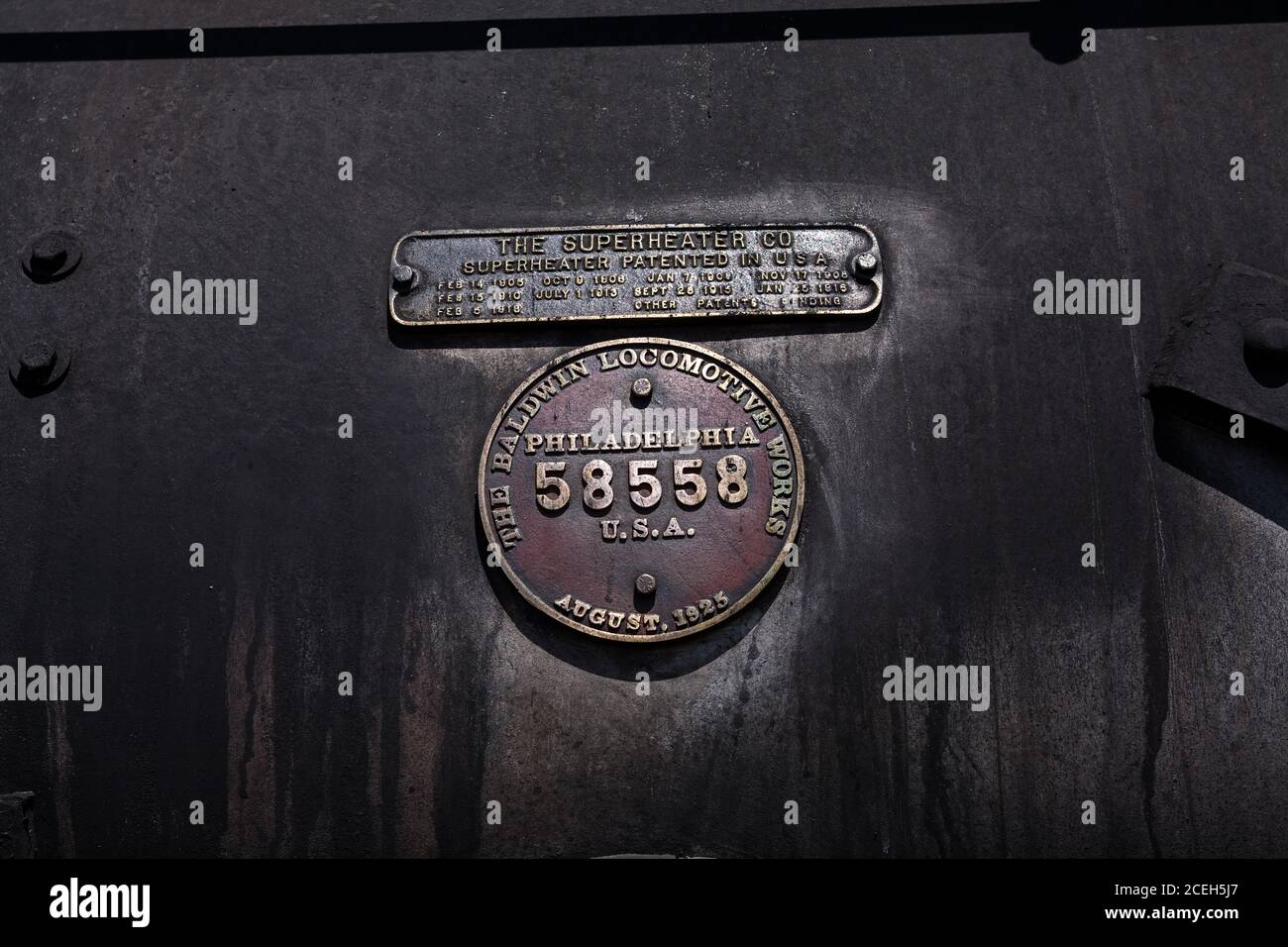 The Baldwin Locomotive Works nameplate on Engine #480 of the Durango and Silverton Narrowgauge Railroad.  #480 is a K-36 Class steam locomotive, built Stock Photo