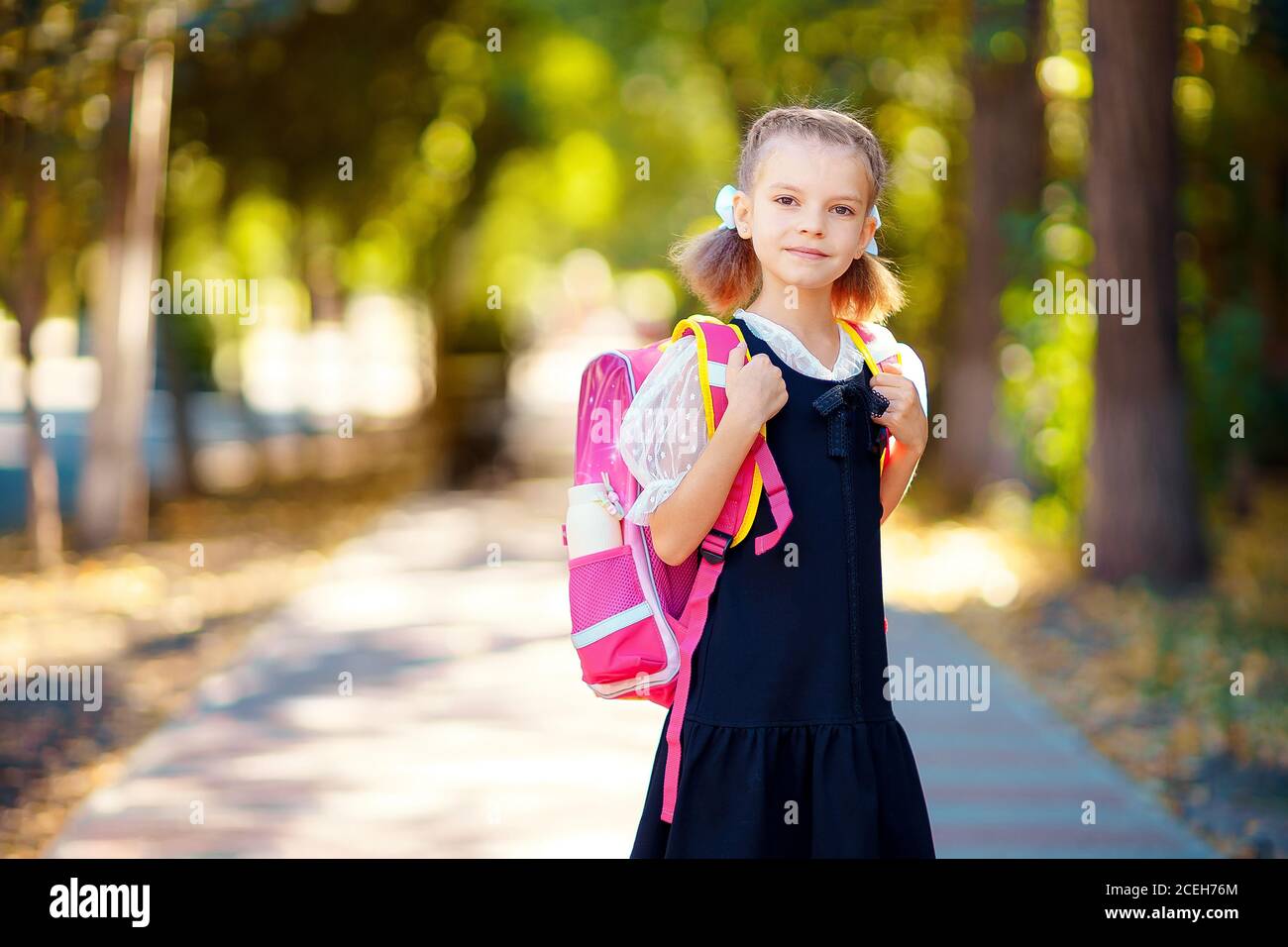 Beautiful little girl with backpack walking in the park ready back to ...