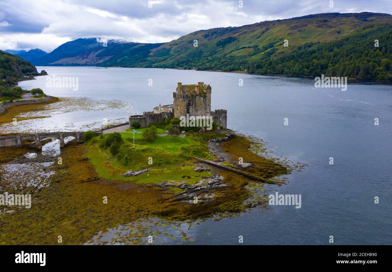 Aerial view of Eilean Donan Castle on Loch Duich , Kyle of Lochalsh, Scotland, UK Stock Photo