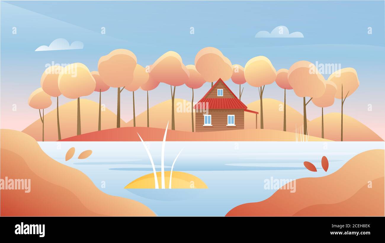 Autumn river landscape vector illustration. Cartoon flat autumnal sunny day, panorama nature woodland scenery with forest trees, rural wooden house on riverbank, fall season scenic woods background Stock Vector