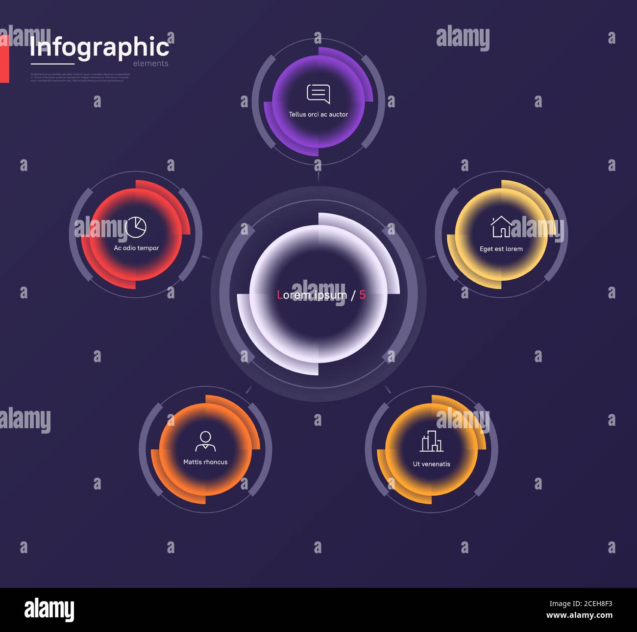Stylish colorful vector infographic circle chart template on a deep blue background. Five options Stock Vector