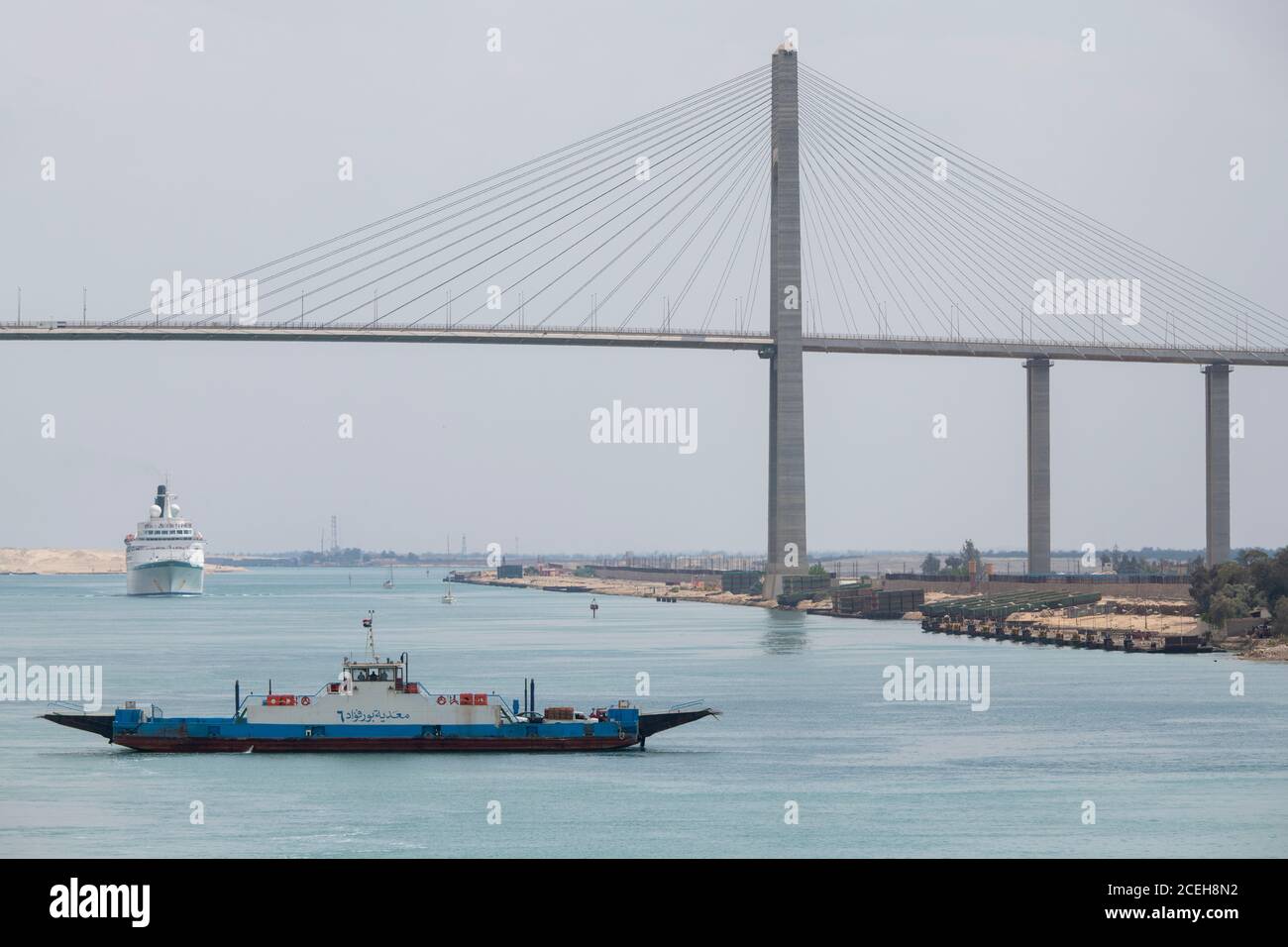 Egypt, Suez Canal at El-Qantara. The Mubarak Peace Bridge (aka Egyptian-Japanese Friendship Bridge, Al Salam Bridge, or Al Salam Peace Bridge. Stock Photo