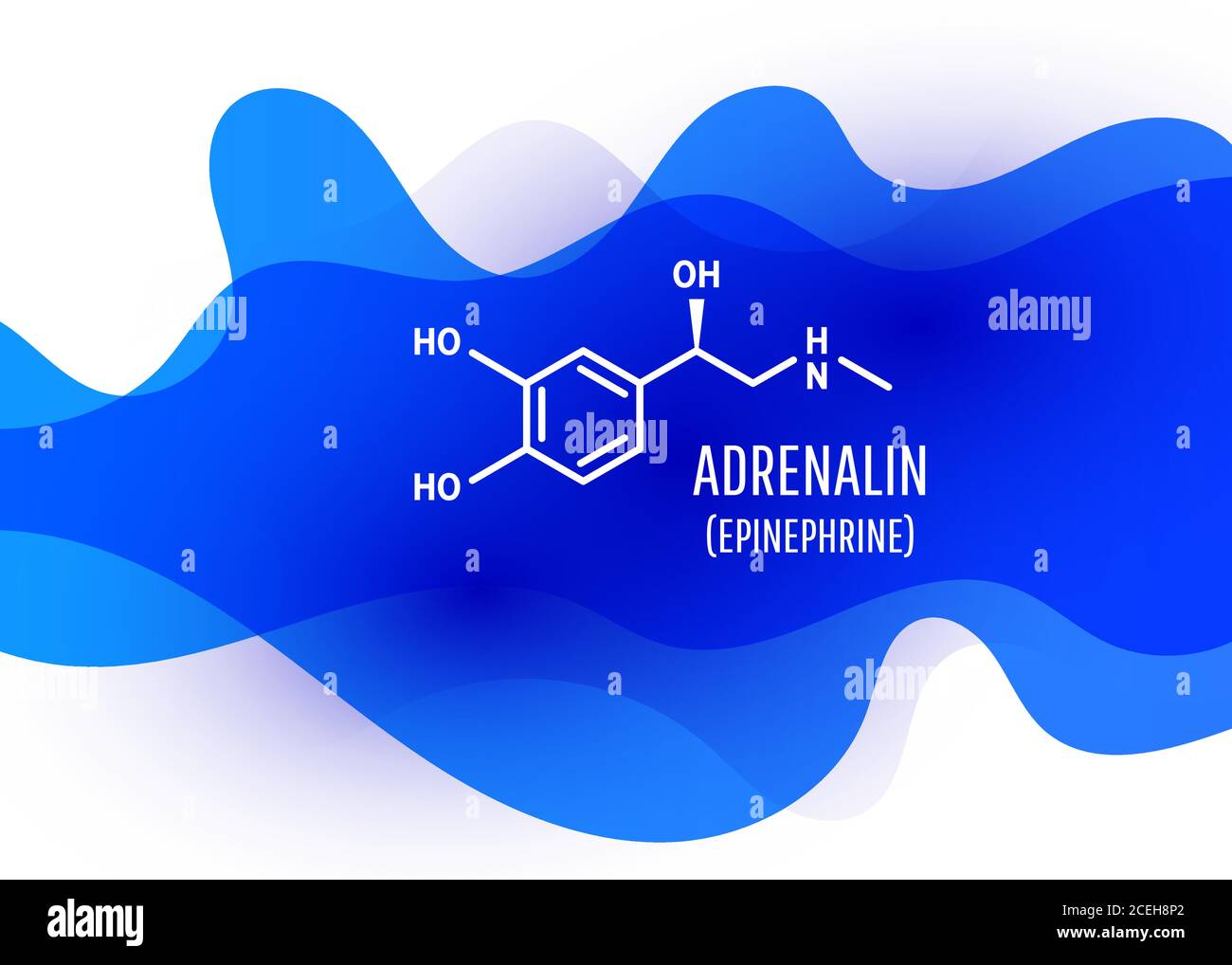 adrenalin chemical formula with liquid fluid shapes on white background