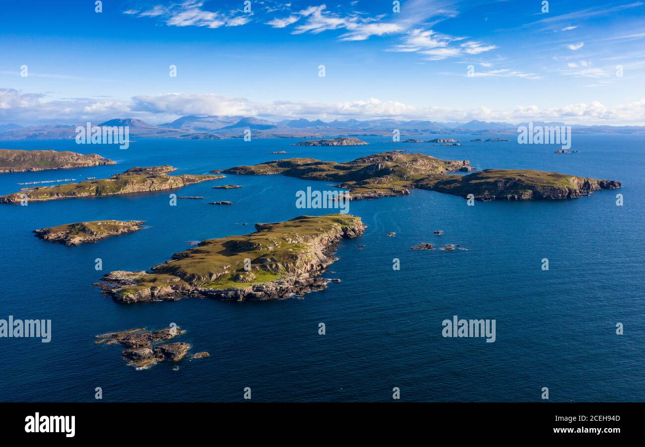 Aerial view of the Summer Isles archipelago lying in the mouth of Loch Broom, in Highland region of Scotland. Stock Photo