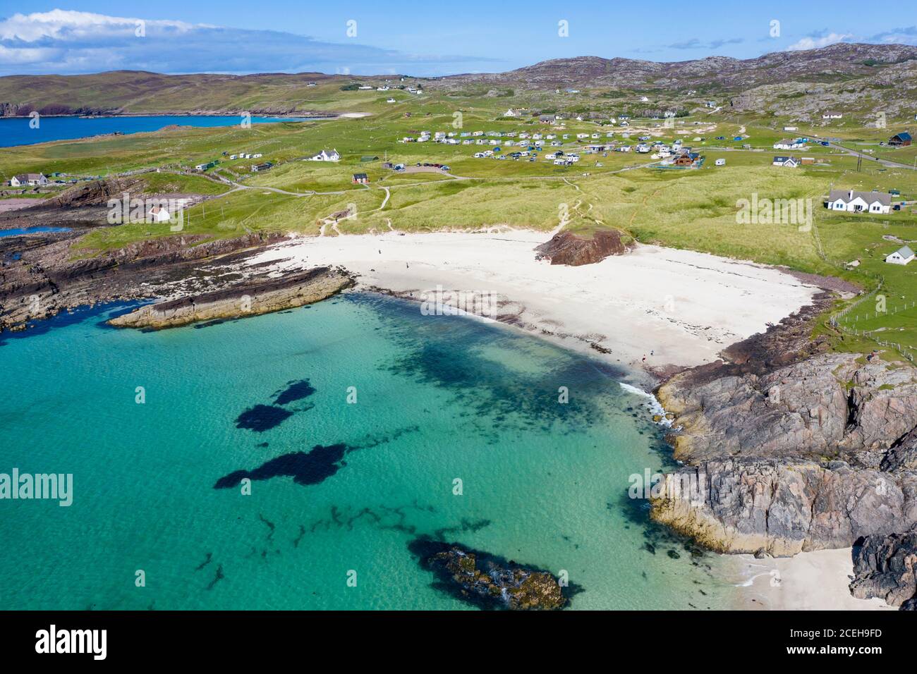 Aerial view of beach at Clachtoll in Sutherland, Highland Region of ...