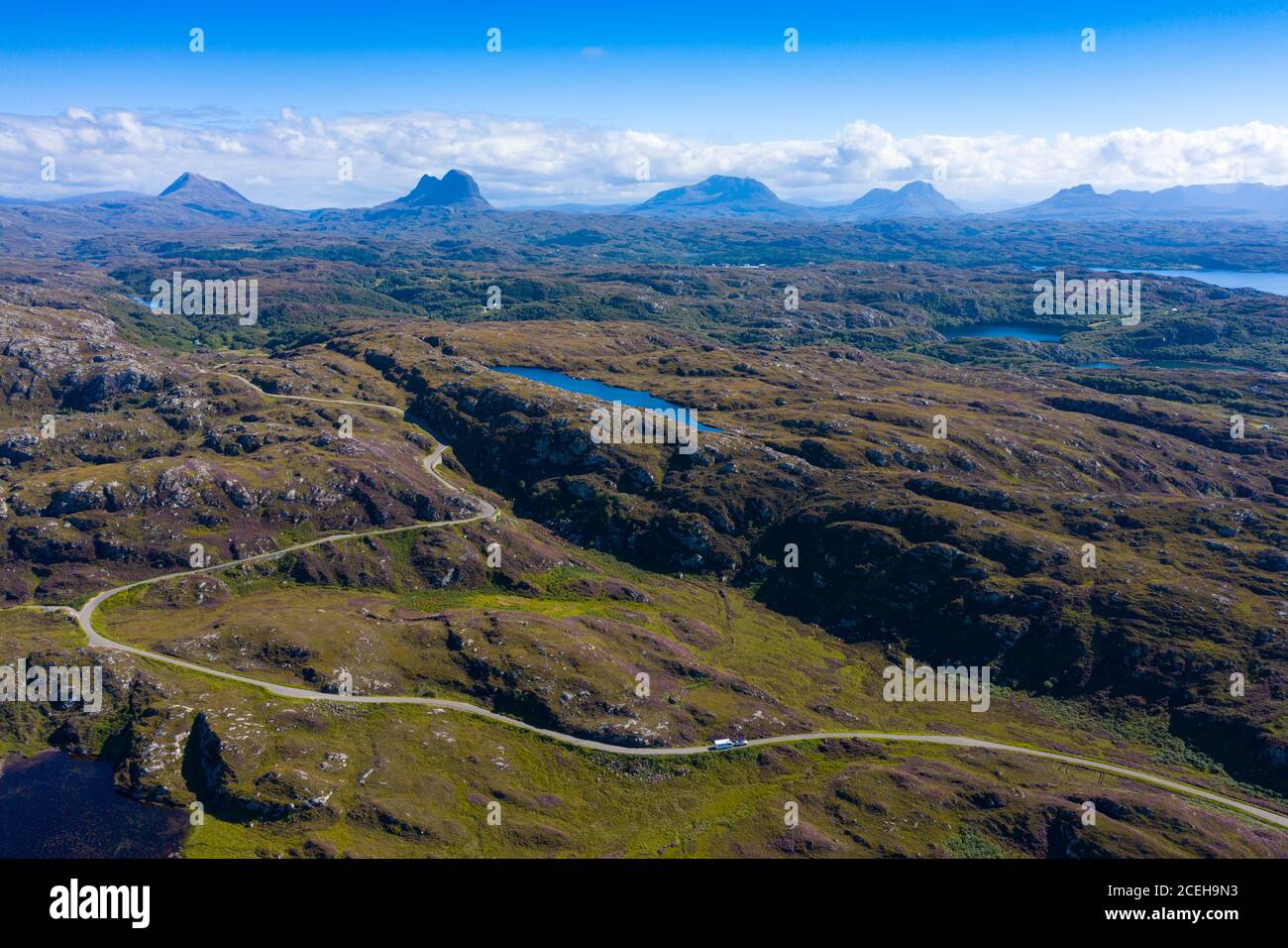 Aerial view of single track road on North Coast 500 tourist route near Clachtoll in Sutherland, Scotland UK Stock Photo