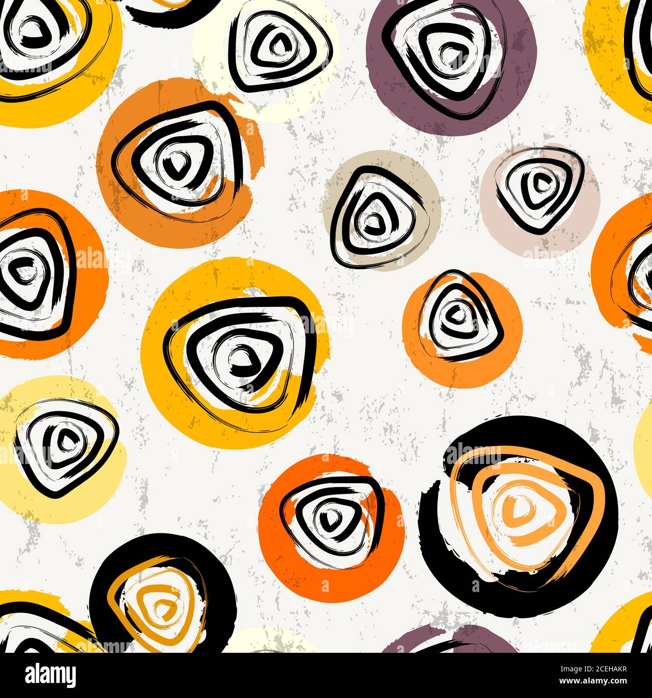 seamless background pattern, with circles, spirals, strokes and splashes Stock Vector