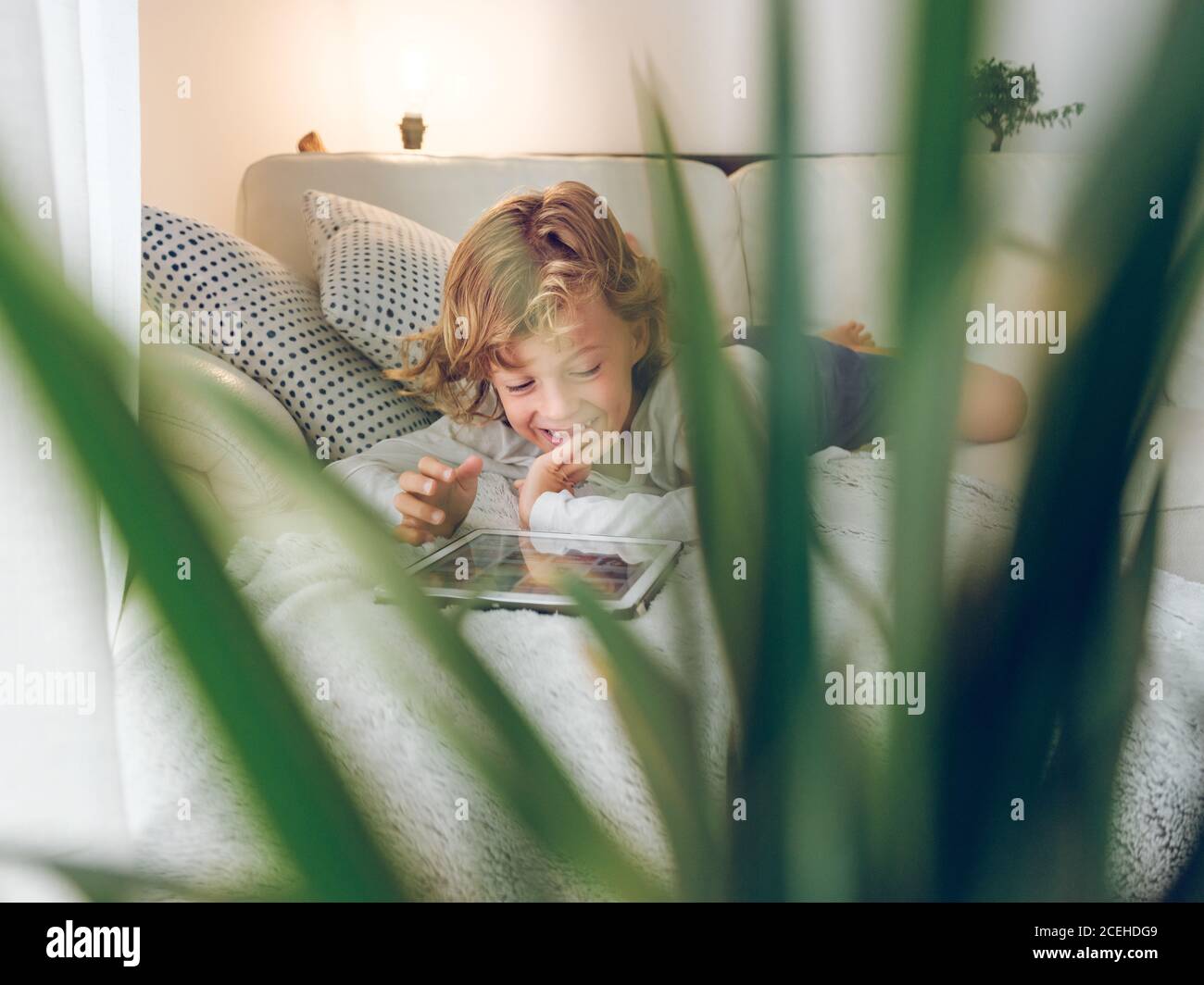 boy using tablet on sofa Stock Photo