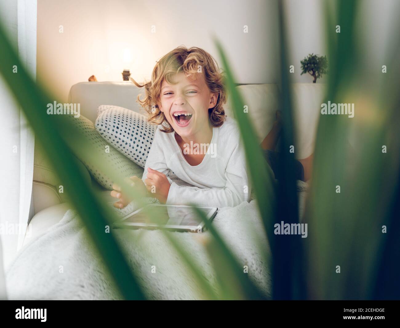 boy using tablet on sofa Stock Photo