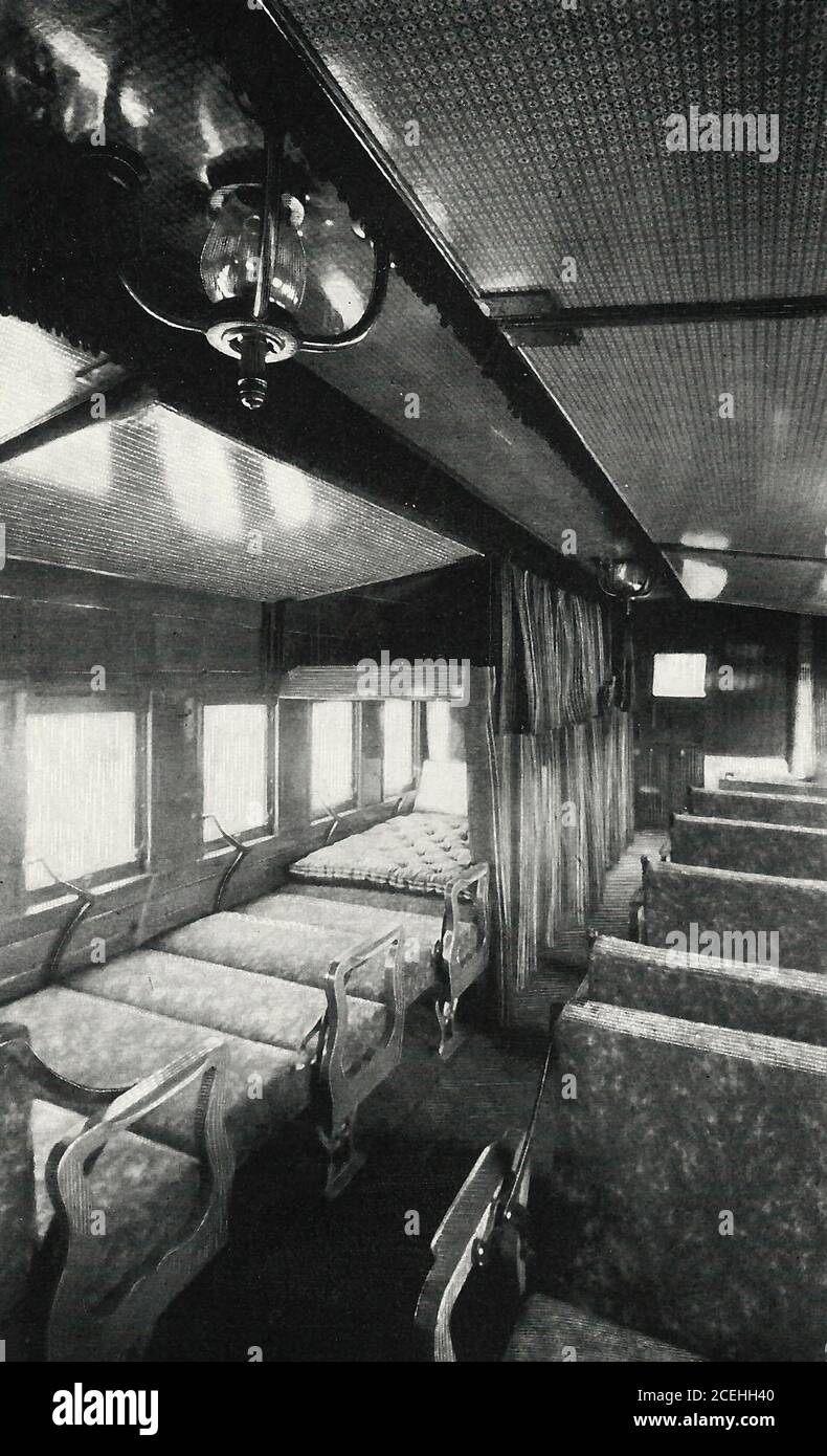 Interior of First Pullman Sleeping Car - Luxury Train Travel, circa 1920 Stock Photo