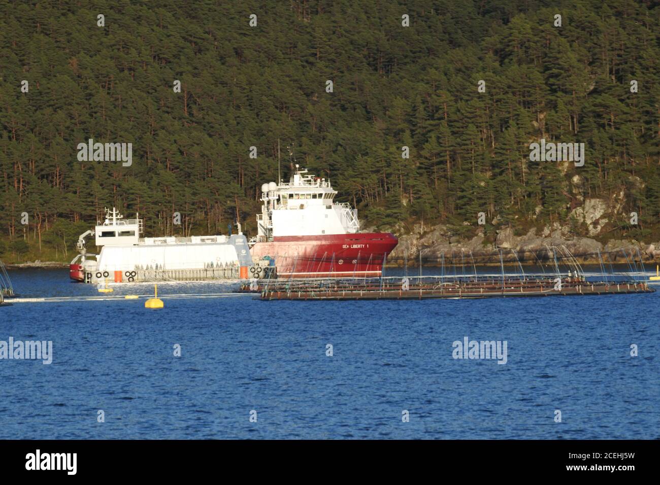 Sea Liberty 1,between sandvikvag and halhjem,IMO 9576193,Offshore Supply Vessel,Salmon farm south of Bergen Stock Photo