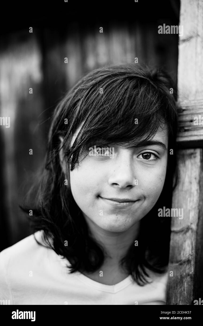 Portrait of teen girl with expressive eyes. Black and white photography
