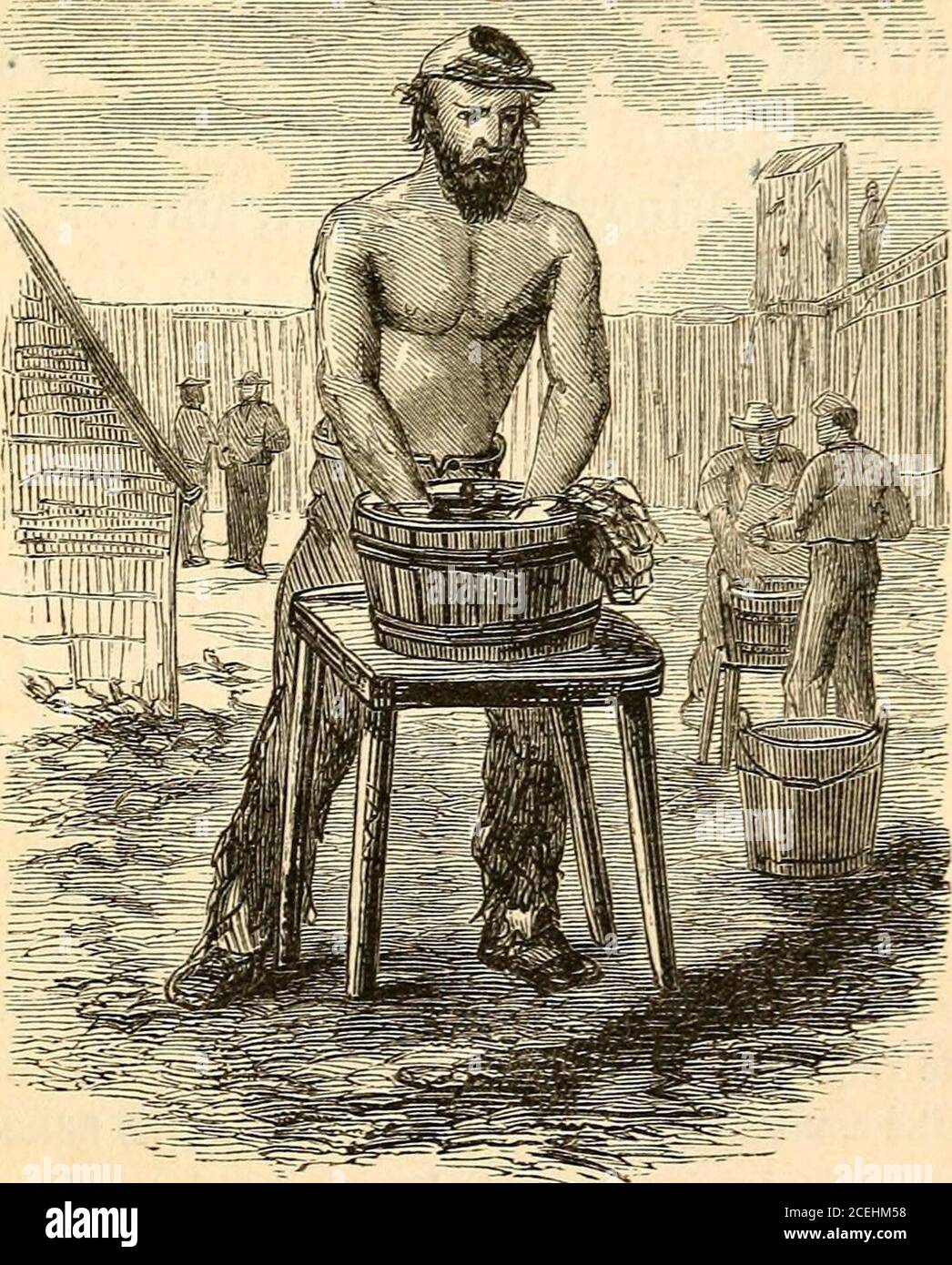 . Prison life in the South : at Richmond, Macon, Savannah, Charleston, Columbia, Charlotte, Raleigh, Goldsborough, and Andersonville, during the years 1864 and 1865. e sorghum on the mush, rice, and pone. The bacon was maggoty more or less, and had beenpreserved in ashes in lieu of salt. At home we wouldnot consider it fit to eat. For wood, a detail of two from each mess of twentywas allowed to go out, under guard, to the wood-pile, andbring in all they could at one time for their mess, andthis was for twenty-four hours. They issued, each morn-ing at nine oclock, at the gate, something they ca Stock Photo