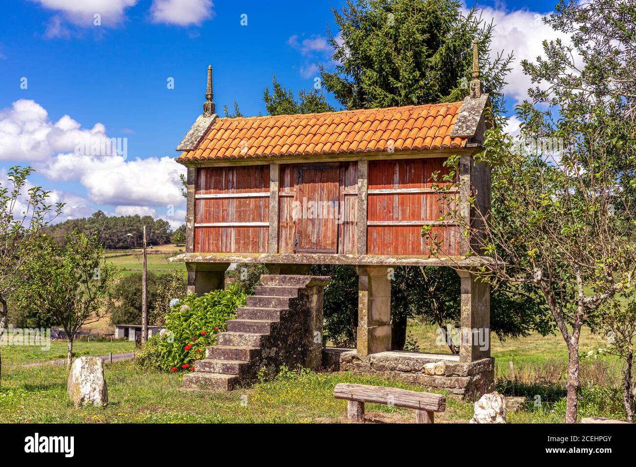 An Horreo is a structure designed to keep rats, mice, and other animals away from the stored grain, on the rural areas of Galicia, in Spain Stock Photo