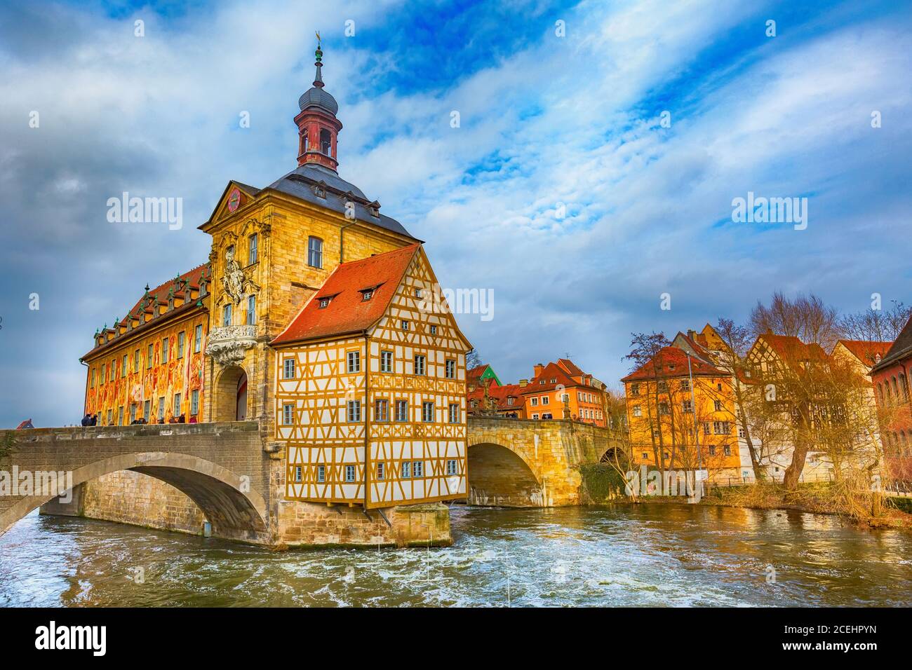 Icon of Bamberg Obere bridge or brucke and Altes Rathaus town hall, Germany Stock Photo