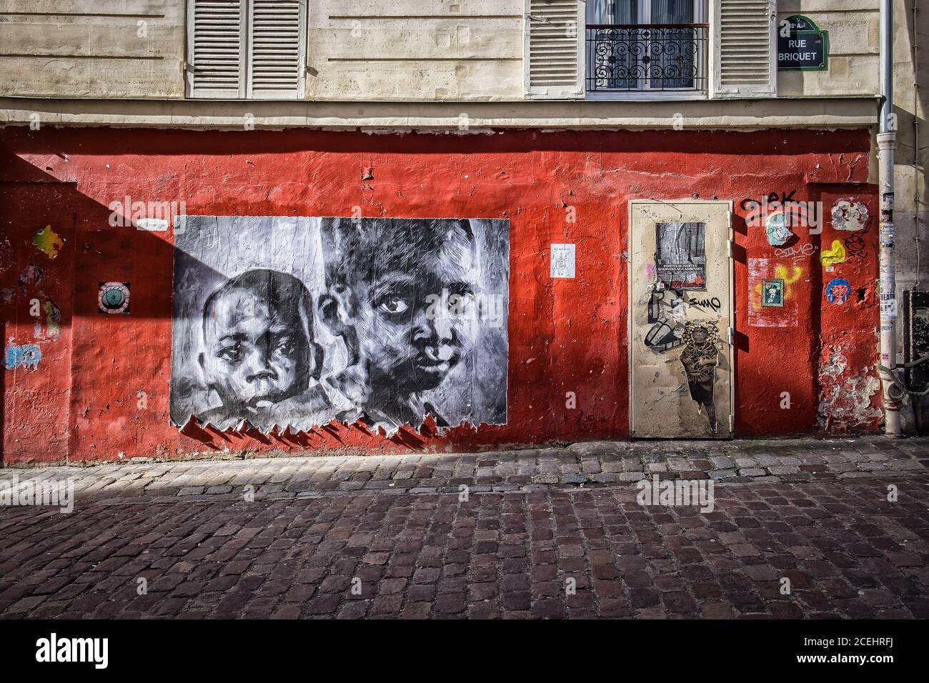 Paris, France, Feb 2020, close up of a mural by the street artist Ilea in Briquet street in the heart of Montmartre district Stock Photo