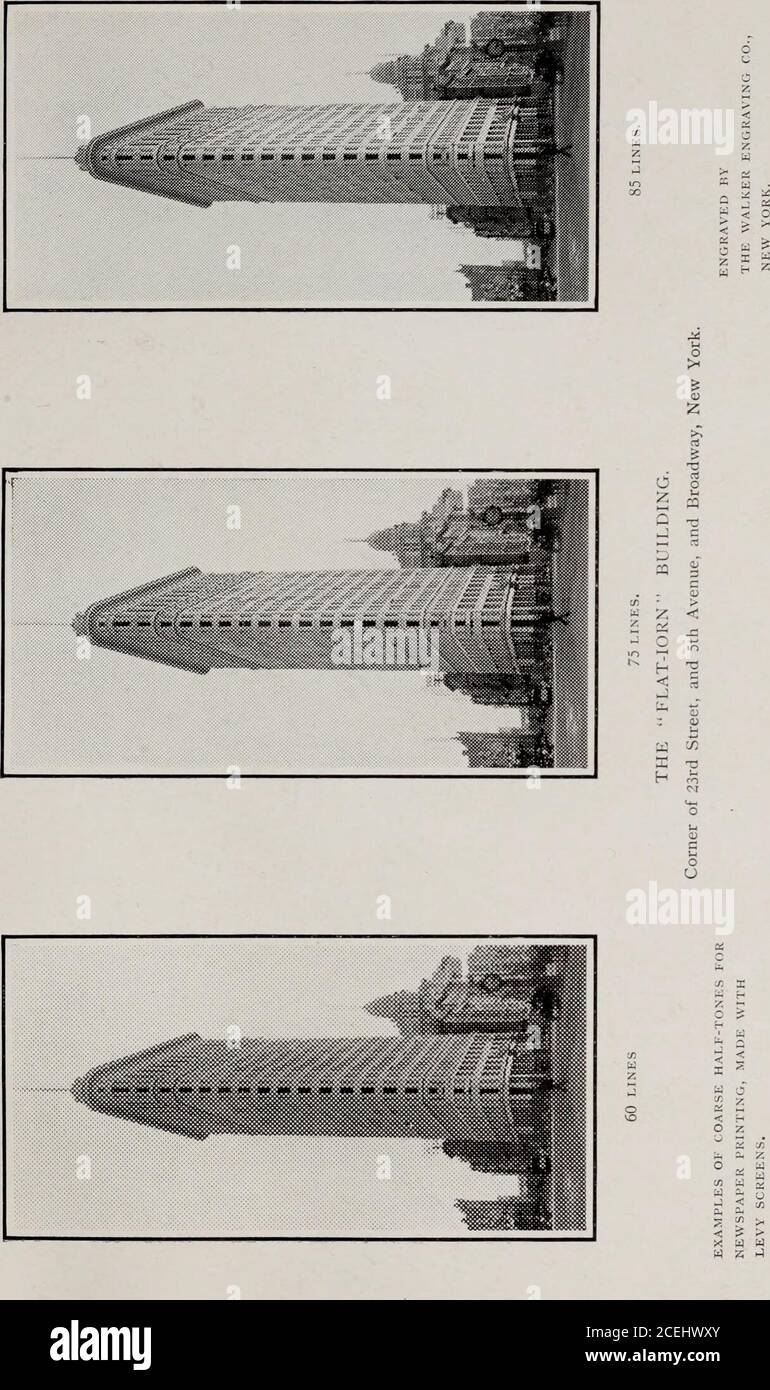 . The half-tone process. A practical manual of photo-engraving in half-tone on zinc, copper, and brass. hic image is passing through the screen that themechanical continuity is broken. A greater amountof detail and better colour values are said to besecured. Levy, however, announces now that, owing to thegreat difficulties of producing these screens, he hasabandoned their manufacture. A peculiar effect of the four-line screen is thatwhere a straight line is reproduced by the ordinaryscreen it will have a saw-tooth edge, whilst thefour-line screen will reproduce it straight and cleanto the eye. Stock Photo
