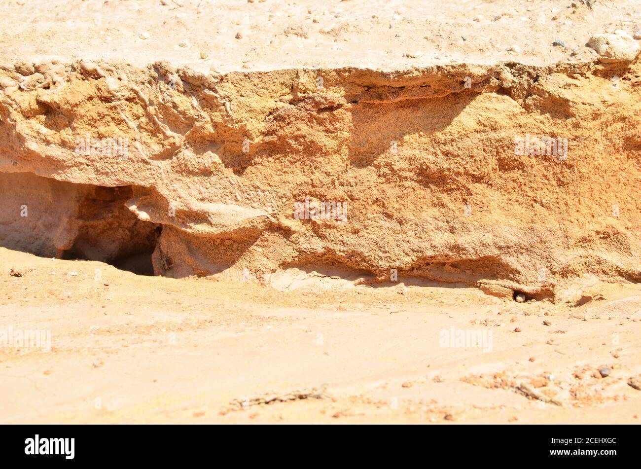 Background of yellow sand with small stones after rain. Soil erosion after heavy rainfall and precipitation. Texture of scattered sand fine gravel Stock Photo