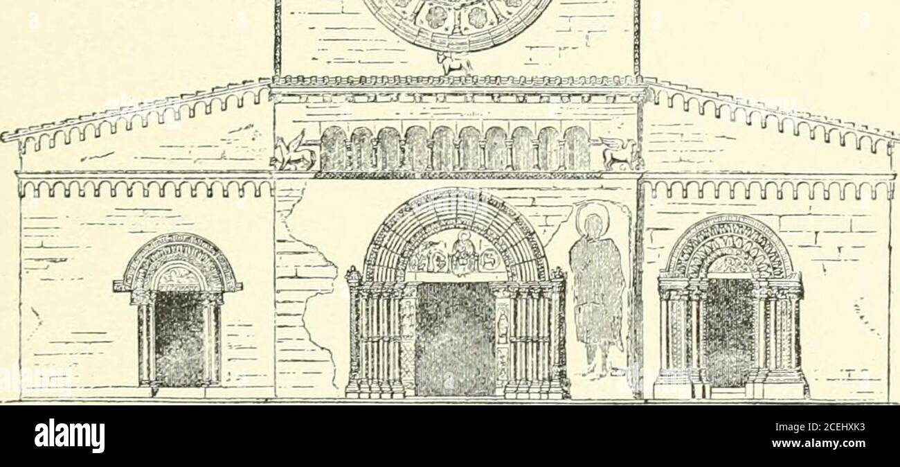 . The story of architecture: an outline of the styles in all countries. Wr£—.- ■l/^-ftj-:1^^-— ^TfS. I Fig. 99.—Elevation of Sta. Maria Toscanella. especially in bands along the front, in modillions letinto the wall, and in the decorations which filled andcovered the heads and lintels of the doorways. Itwas made up of a heterogeneous collection of pagan,Christian, and Scandinavian symbols. In the samechurch one might see wrought in elaborate sculp-ture, the four beasts of the Apocalypse, Theseus, theMinotaur, the Paschal Lamb, Lazarus, sirens, the 254 EARLY CHRISTIAN ARCHITECTURE. Zodiac, the Stock Photo