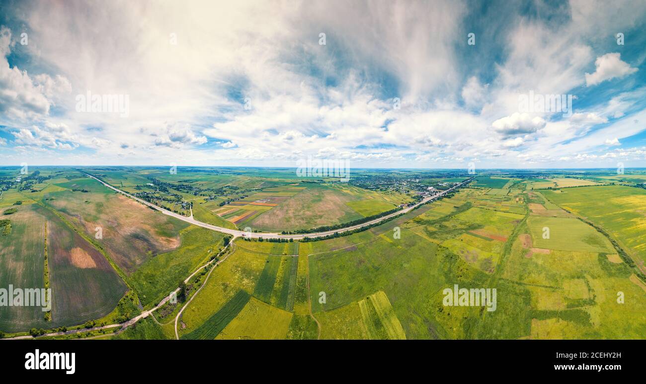 Summer rural landscape with a beautiful sky. Aerial view. View of green ...