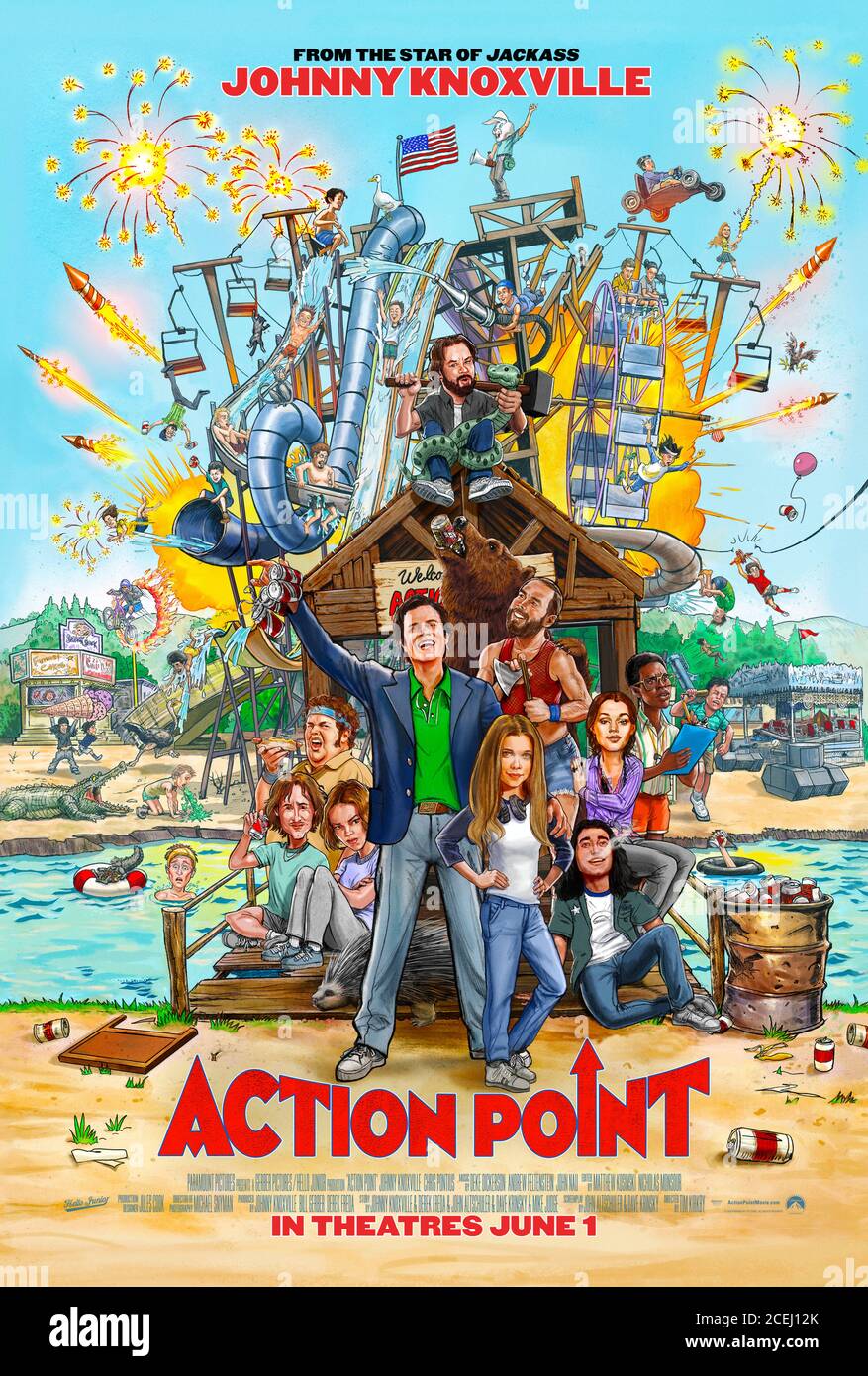 Action Point (2018) directed by Tim Kirkby and starring Johnny Knoxville, Eleanor Worthington-Cox, Chris Pontius and Dan Bakkedahl. The future of a crazy daredevil's homemade theme park is put at risk when a corporate park opens in the neighbourhood. Stock Photo