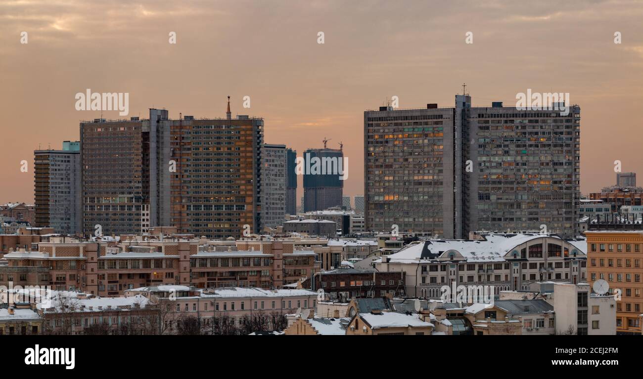 A picgture of large apartment buildings in Moscow taken at sunset. Stock Photo