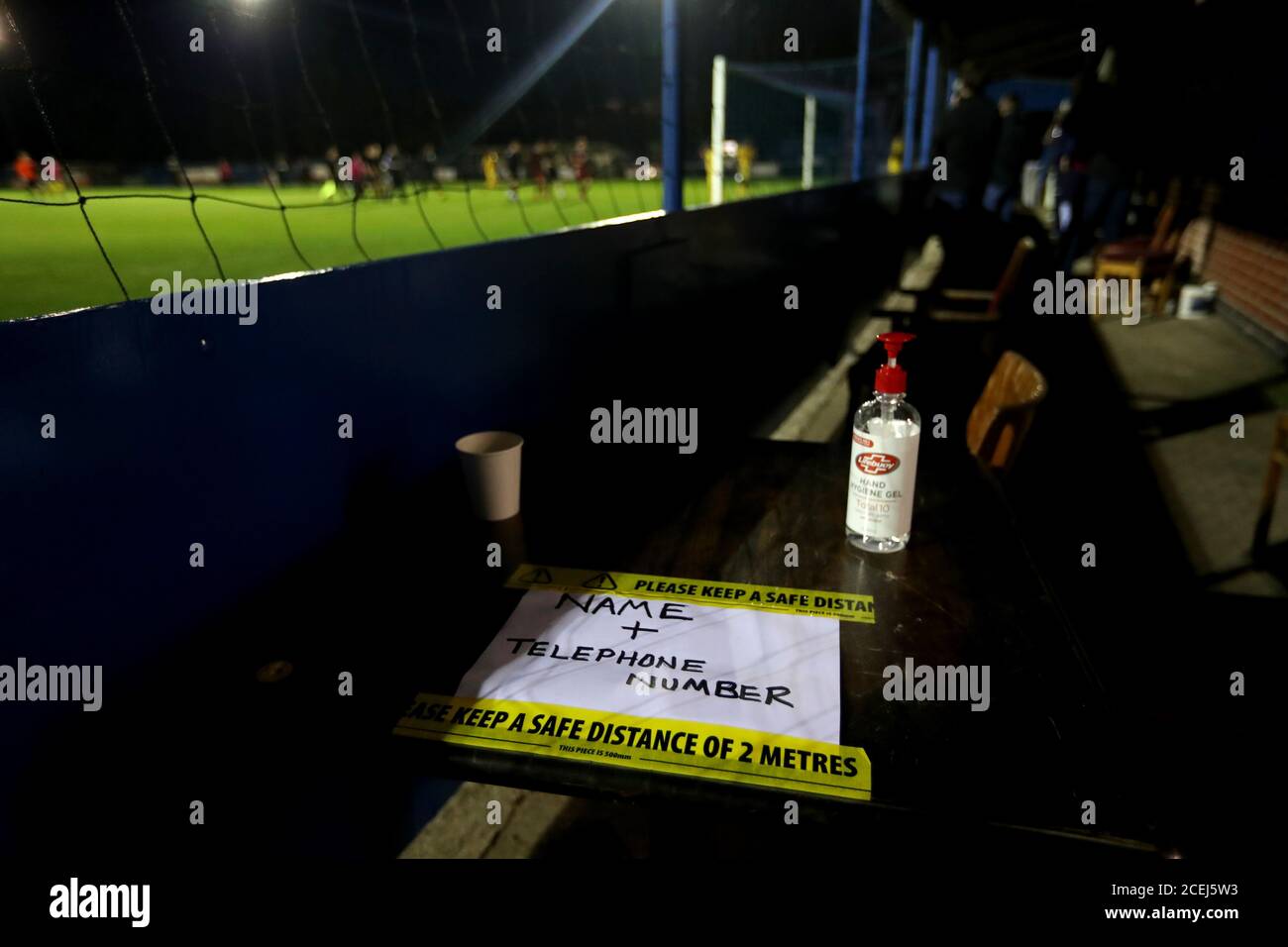 A general view of signage asking for contact details from fans to help track and trace coronavirus outbreaks ahead of the FA Cup Extra Preliminary Round match at Selhurst Street, Nottingham. Stock Photo
