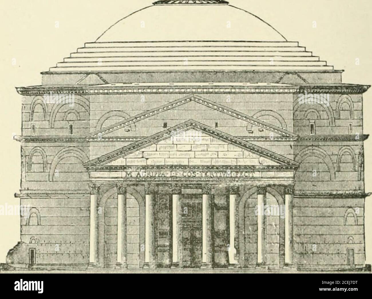 . The story of architecture: an outline of the styles in all countries. les were scattered over south-ern Europe, western Asia, and northern Africa ; andthe ruins of many splendid specimens still exist atBaalbec, Palmyra, Nimes, Athens, and other foreigncities that came under the Roman yoke. The temples in the city of Rome, however, aresufficiently typical to illustrate the beauties and pe-culiarities of all, and so we will confine our discussionand description to the examples in the Eternal Cityalone. Nearly all these temples resembled those of Greecein consisting of a vestibule and cclla rai Stock Photo