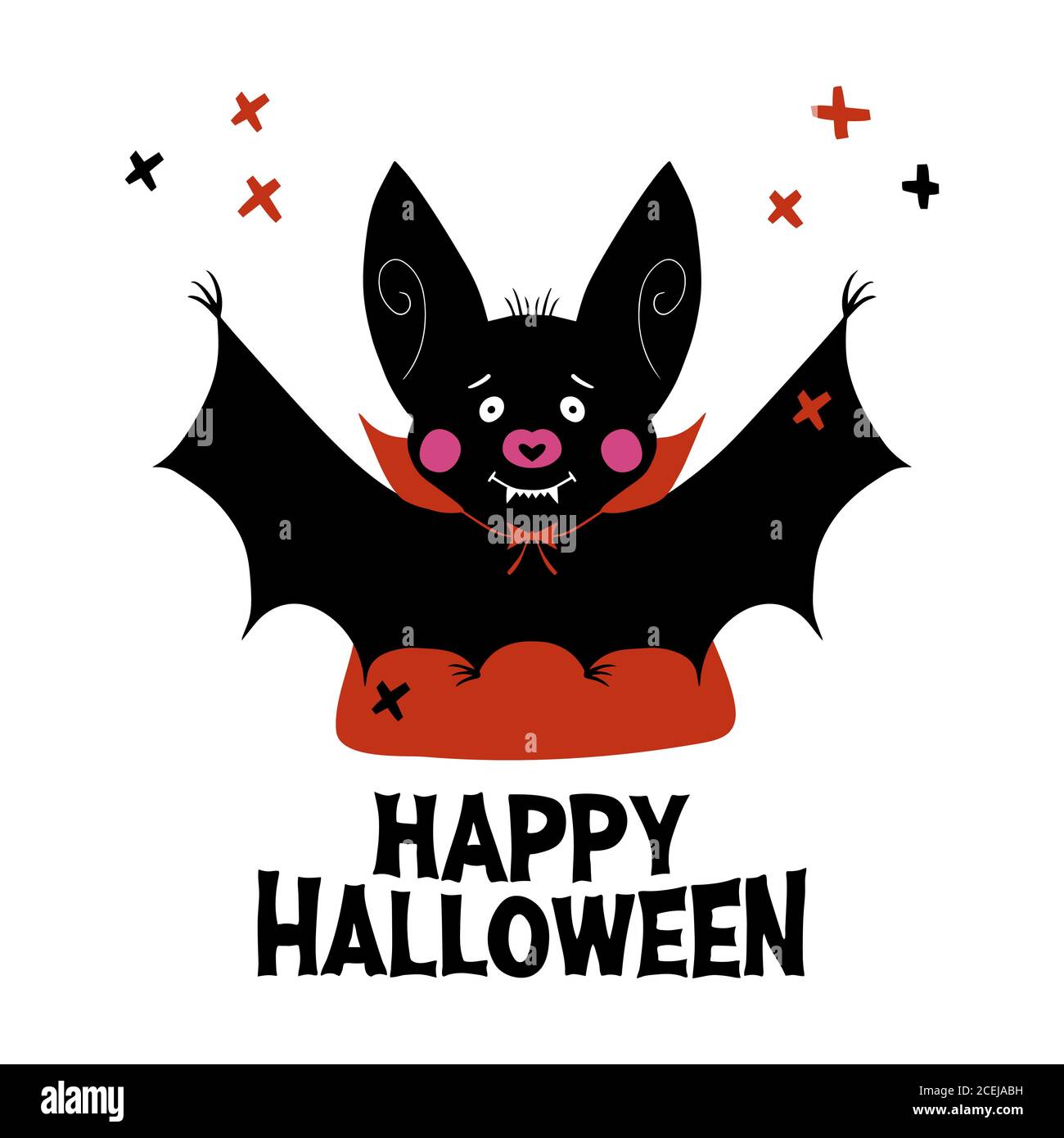 Cute cartoon vampire bat with fangs and red cloak. Doodle cross elements and happy halloween lettering. Halloween greeting card. Isolated on white Stock Vector