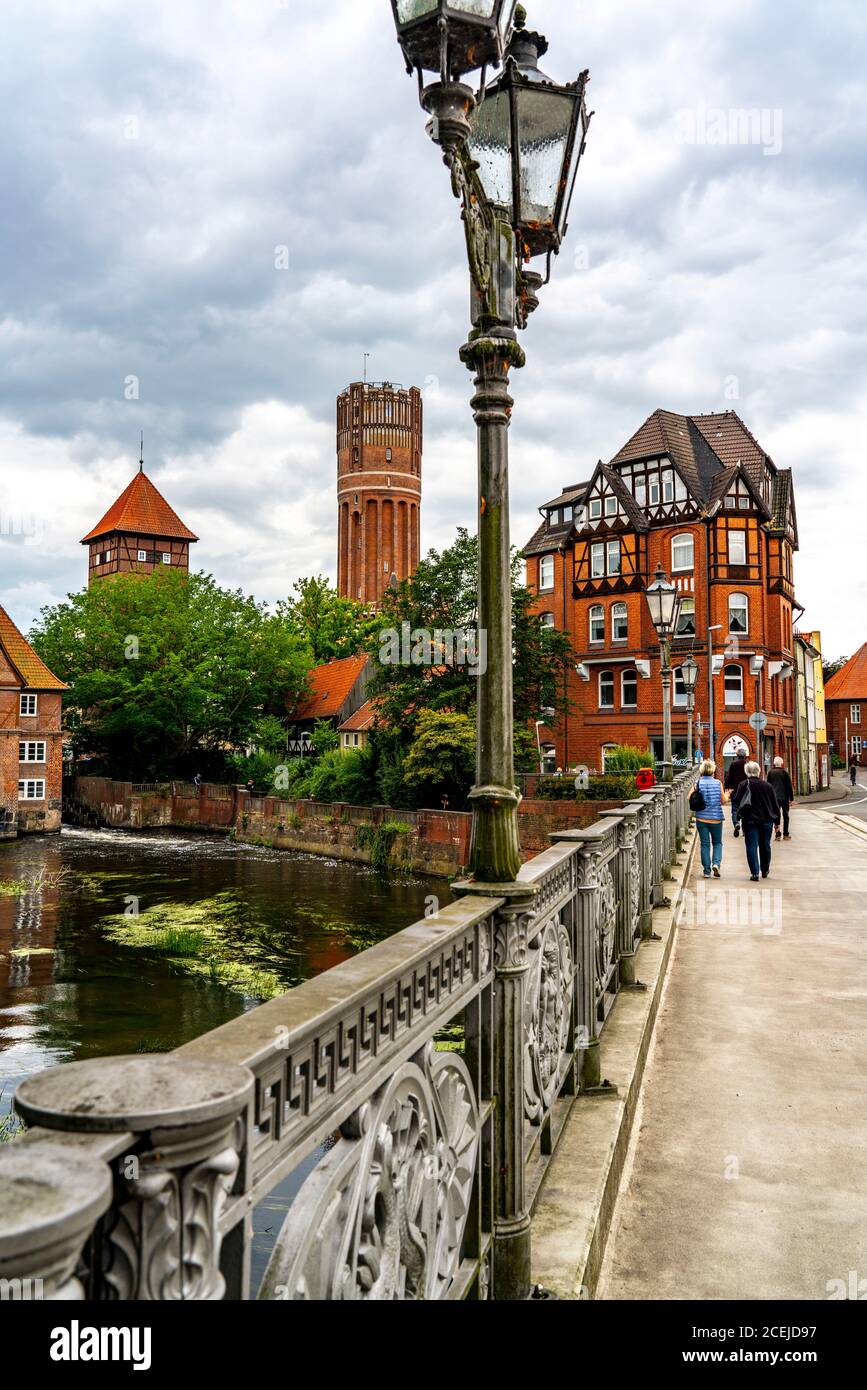 The water tower, river Ilmenau, Ratsmühle, city center, old town of Lüneburg, Lower Saxony, Germany Stock Photo