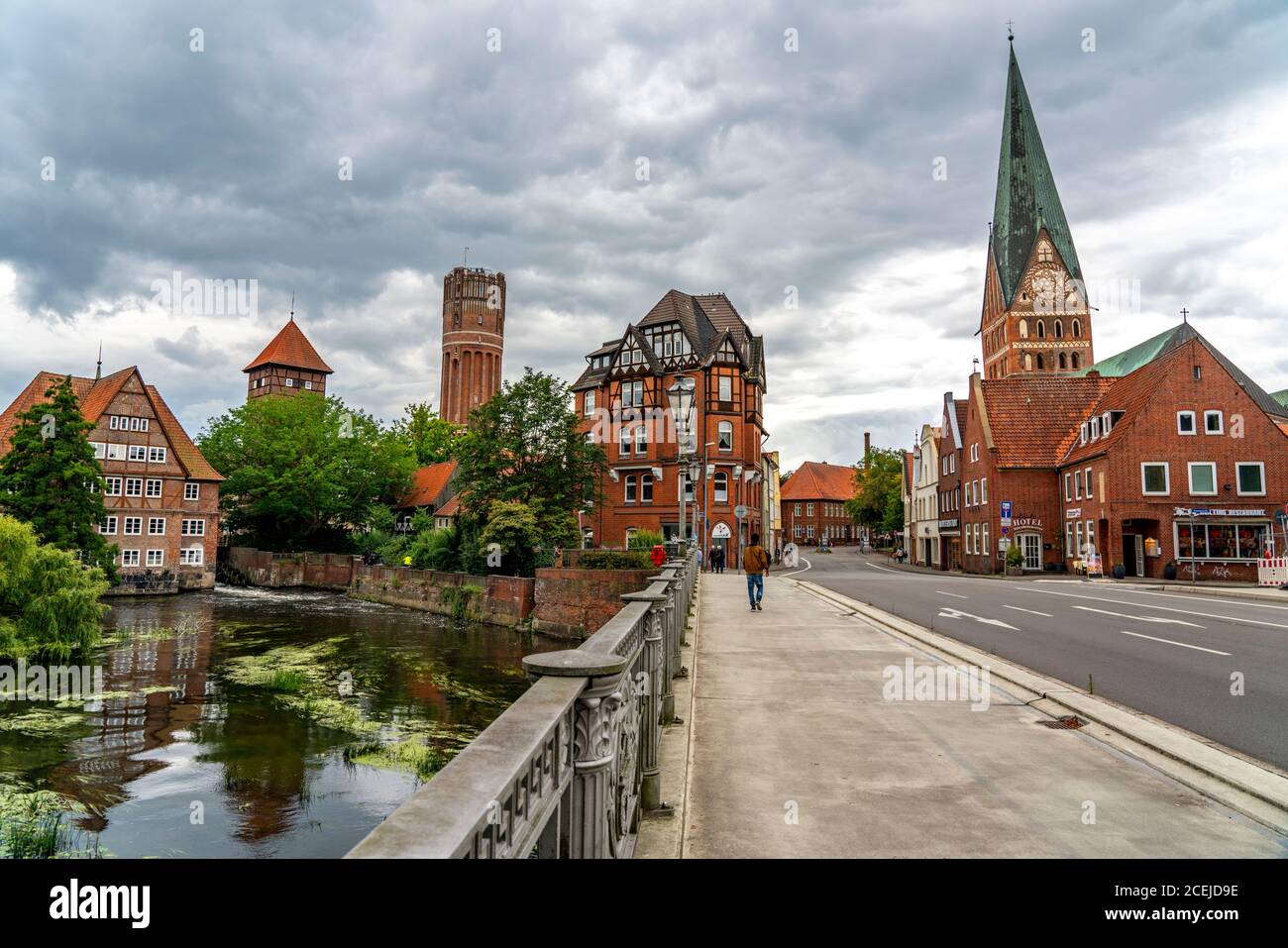 The water tower, river Ilmenau, Ratsmühle, St.Johanniskirche, city center, old town of Lüneburg, Lower Saxony, Germany Stock Photo
