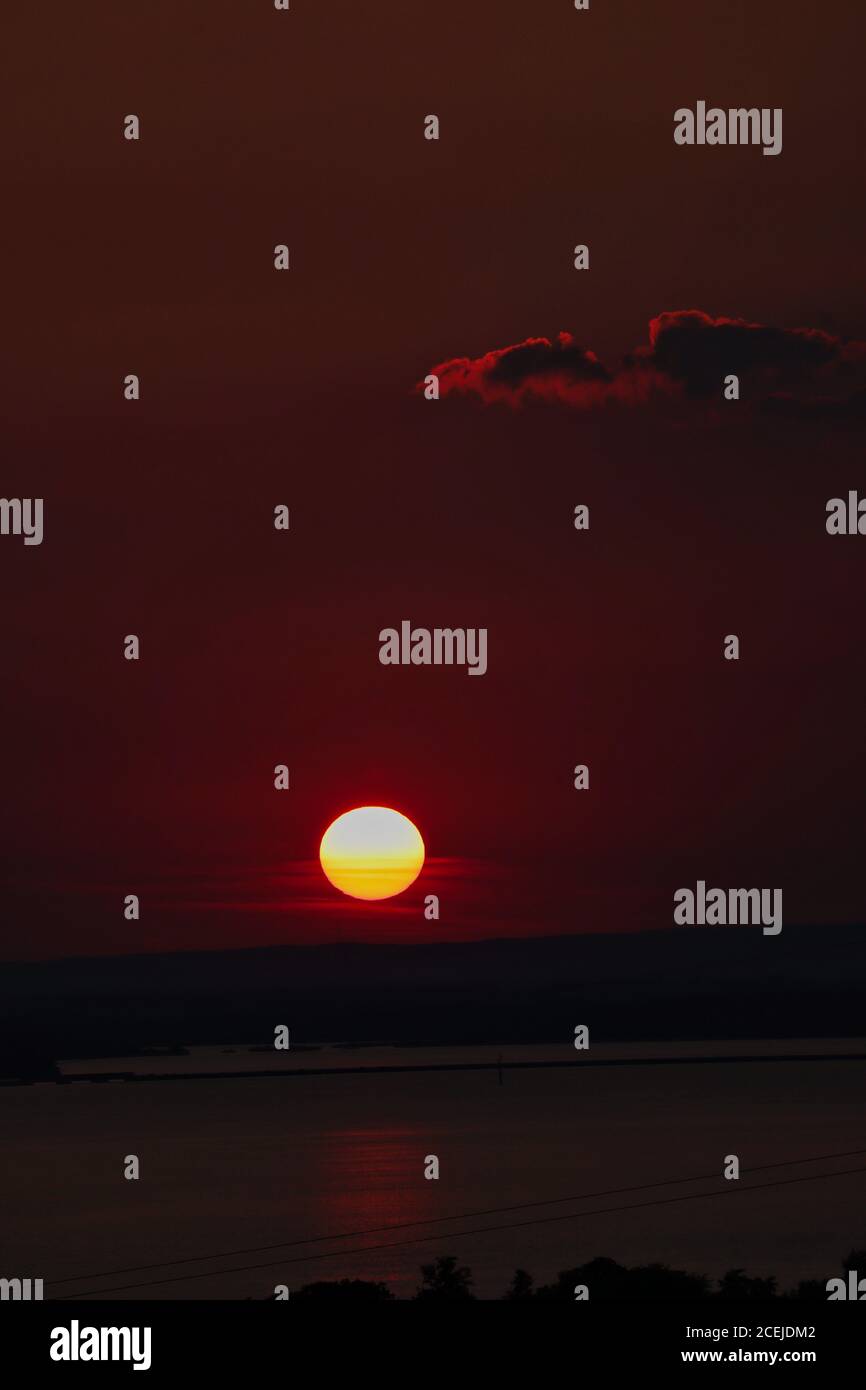 Dark Sunset over Nove Mlyny Reservoirs in Palava Protected Landscape Area during Summer. Sun Goes Down in South Moravia. Stock Photo