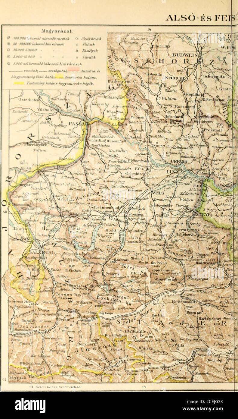 . Révai nagy lexikona; az ismeretek enciklopédiája. nak száma (1900) 3.100,493 (1.524,140 férfi,1.576,353 nő 1 km2 sz. 156) lak. A Duna D.-i és É.-ire zre osztja, melyek közül az első az alpi vidékhez,az utóbbi a hercini-szudeti felföldhöz tartozik. Atartomány DK.-i részébe a Ktiriai-Alpok nyúlnak beaz 173H in. magas Wechsellel. A Sommering-hágóáltal az A.-ai Mészalpokkal függnek össze, melyekNy. felé az Enns folyóig és É. felé a Dunáig terjed-nek; BK.-i előhegyei előtt az erdős bástyaszorüLajta heg, ég húzódik el. Az A.-i Alpok a Sommo-miglol |&gt;. ra, a Schneobergben (2075 m.) érik el leg- Stock Photo