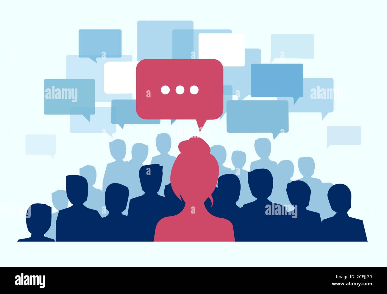 Vector of a large group of people communicating with woman in red raising the problem Stock Vector