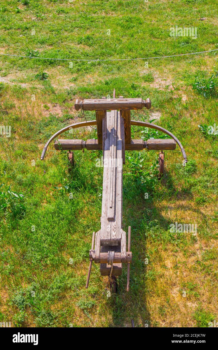 Bendery, Transdniestria. 25 may 2018: crossbow in Old fortress on the river Dniester. City within the borders of Moldova under of the control Stock Photo