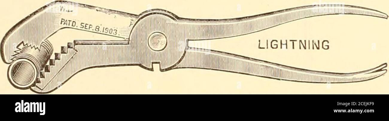 . Illustrated and descriptive catalog of saddlery, carriage and sleigh trimmings, general store supplies. NO. 10 inPROVED COHBINATION PLIERS. Gas pliers, wire cutters, wrench and screw driver combined. Drop forged from tool steel Price, nickel plated, S .75 each.. Stock Photo